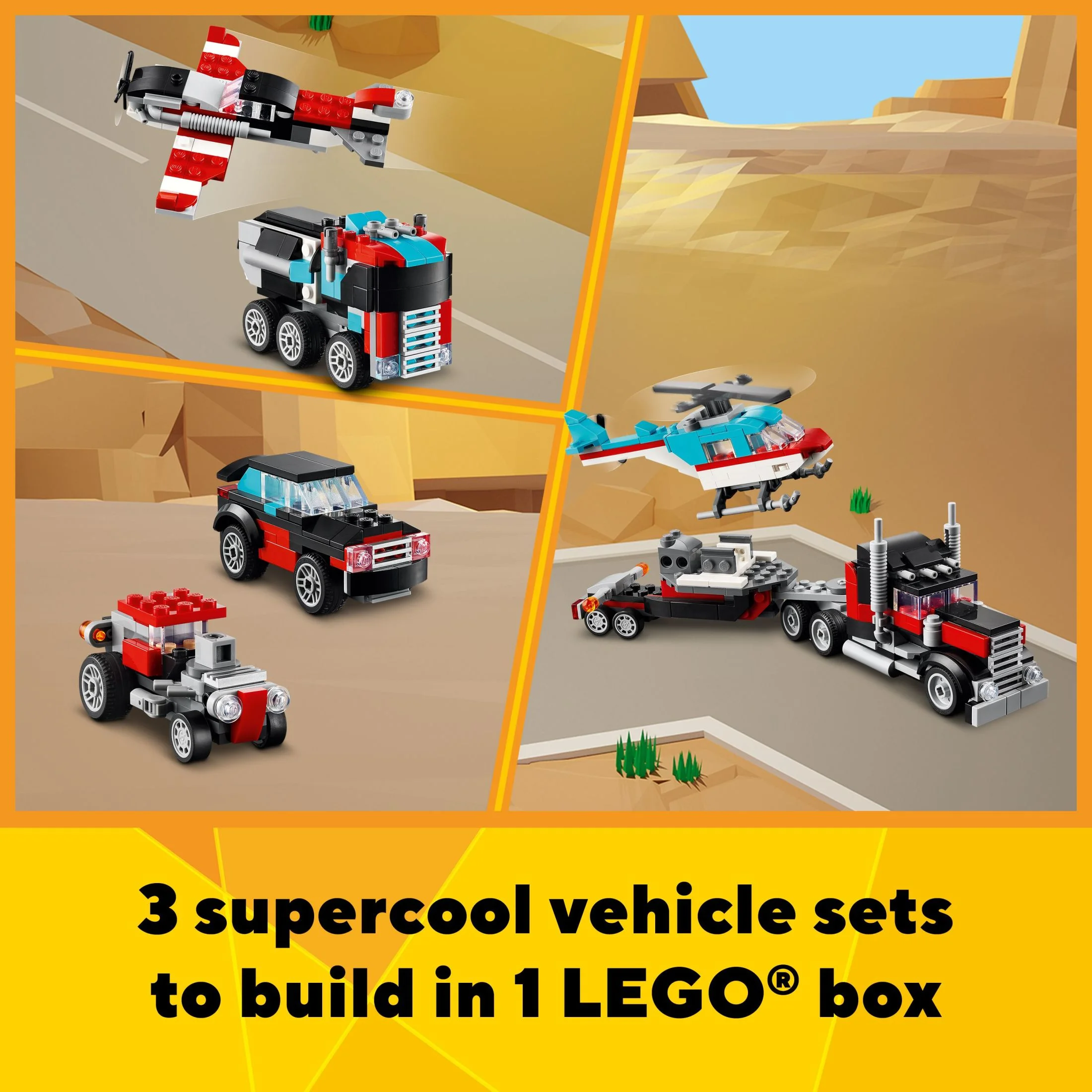 LEGO Creator 3 in 1 Flatbed Truck with Helicopter Toy, Transforms from Flatbed Truck Toy to Propeller Plane to Hot Rod and SUV Car Toys, Gift Idea for Boys and Girls Ages 7 Years Old and Up, 31146