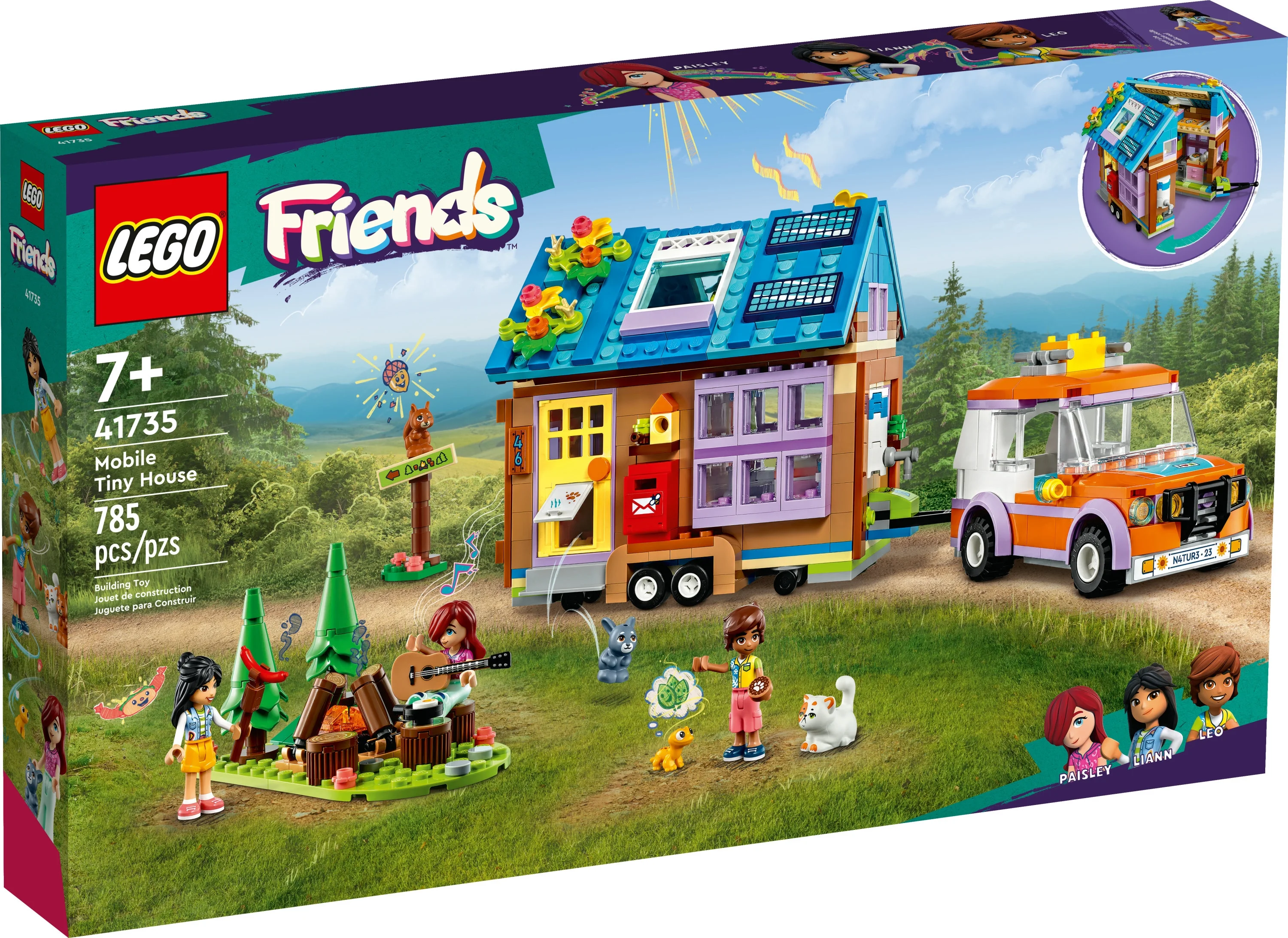 LEGO Friends Mobile Tiny House 41735, Forest Camping Dollhouse Pretend Play Set with Toy Car, Includes Leo & Liann Friendship Mini-Dolls, Gift Idea for Kids 7+