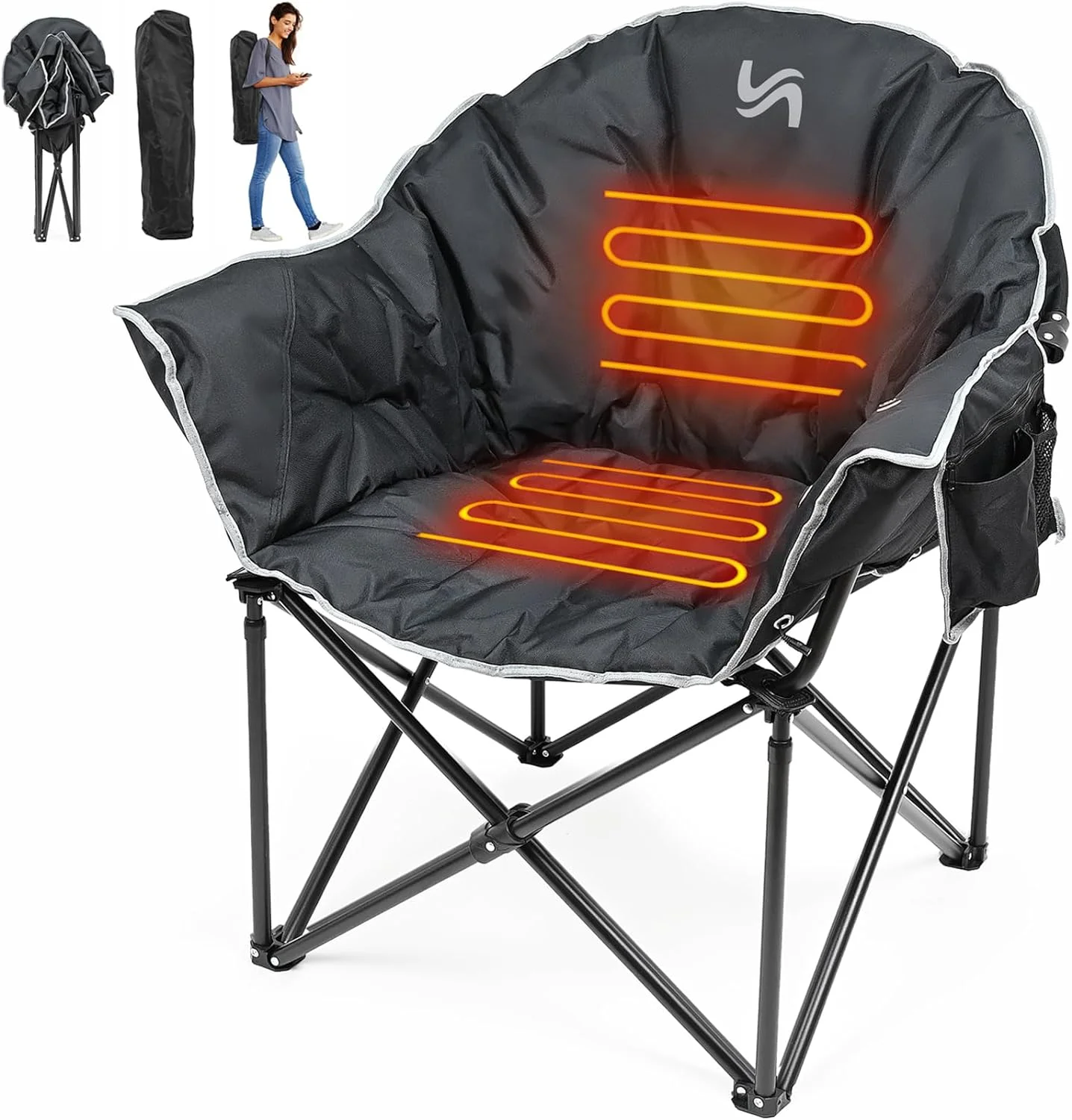 ABORON Oversized Heated Camping Chair, Outdoor Portable Heated Folding Chairs, Patio Lounge Chairs with 3 Heat Levels, Heating Chair for Outdoor Sports, Camping