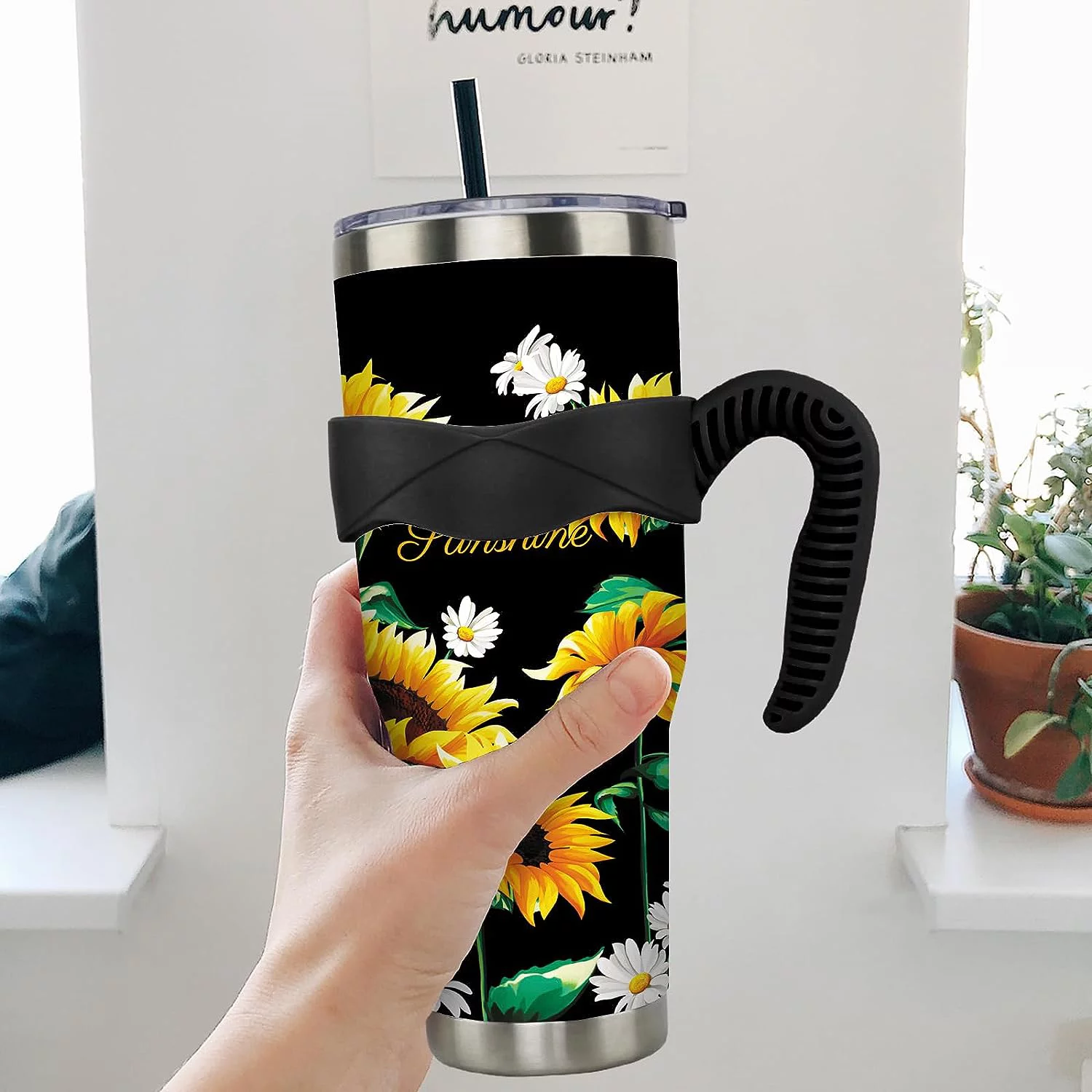 aoselan 40 oz Tumbler with Handle and Straw Leak Proof 40 oz Sunflower Cup Insulated Stainless Steel Coffee Travel Mug 40oz Sunflower Slim Tumbler with Handle Sunflower Decor Gift for Women