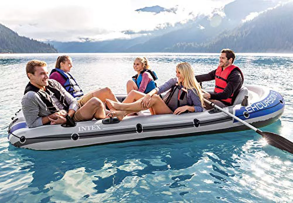 Intex 68325EP Excursion Inflatable 5 Person Heavy Duty Fishing Boat Raft Set with 2 Aluminum Oars & High Output Air Pump for Lakes & Mild Rivers, Gray