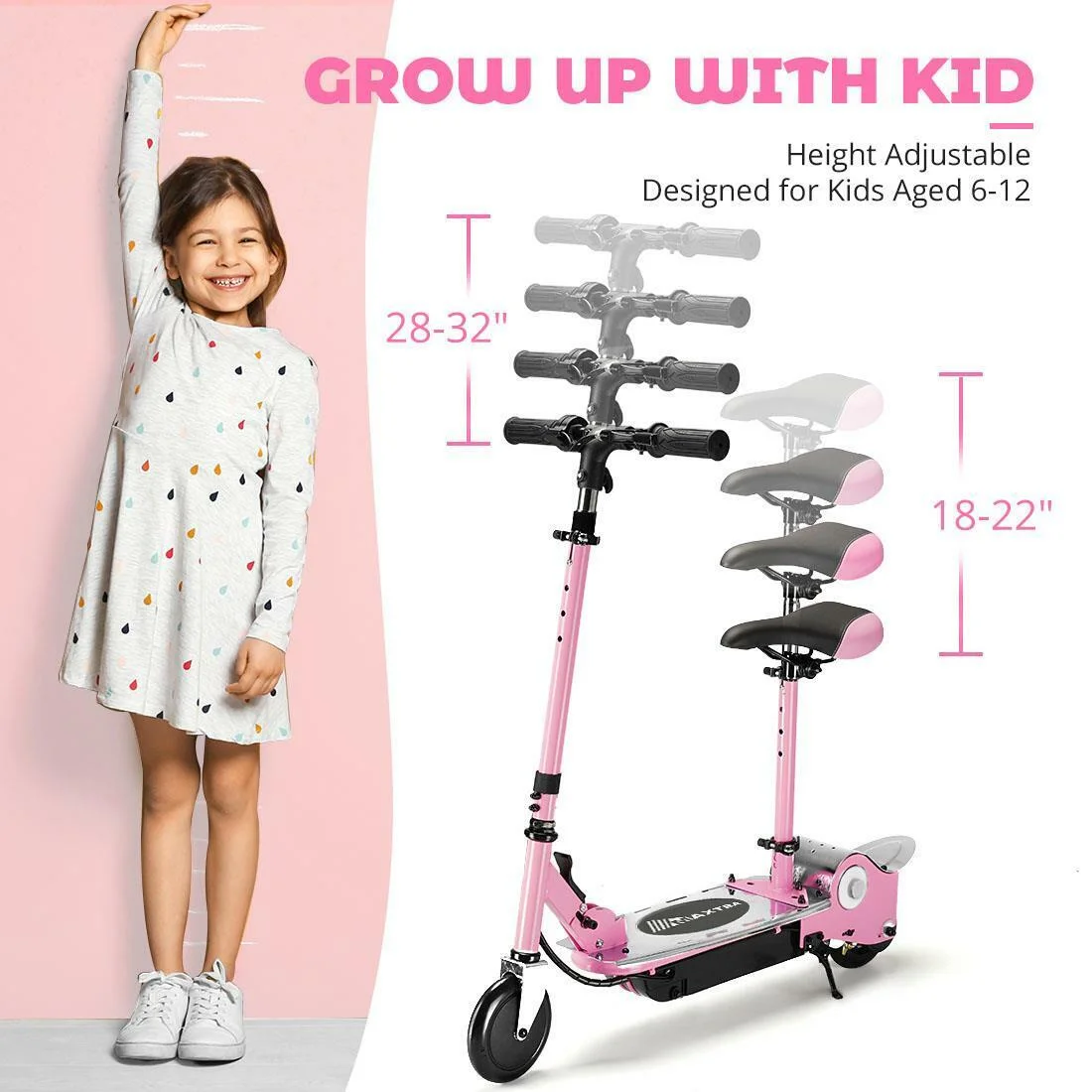 MAXTRA Foldable Electric Scooter with Removable Seat for Kids Ages 5-12 10mph 155lbs Pink