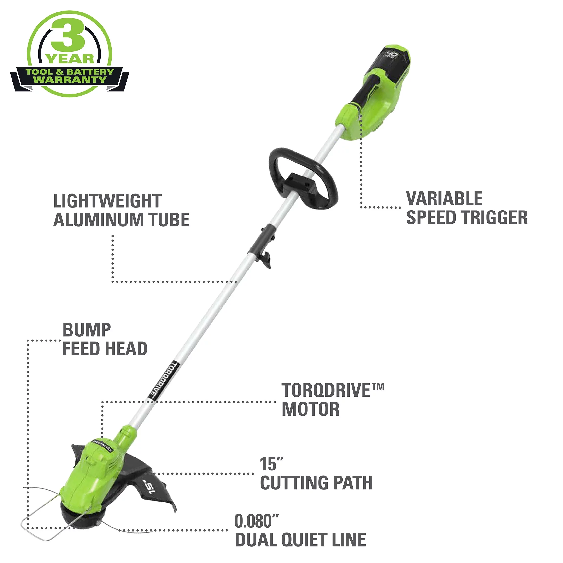 Greenworks 40V 15″ Straight Shaft String Trimmer with 2.5 Ah Battery and Charger, 2111802