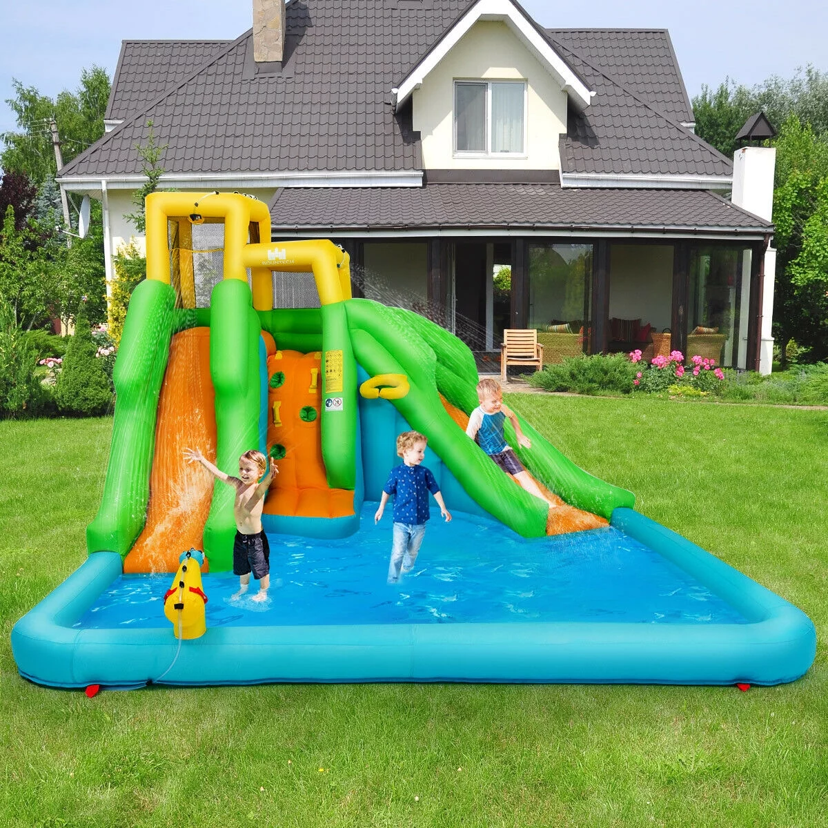 Gymax Kids Inflatable Water Park Bounce House 2 Slide w/Climbing Wall