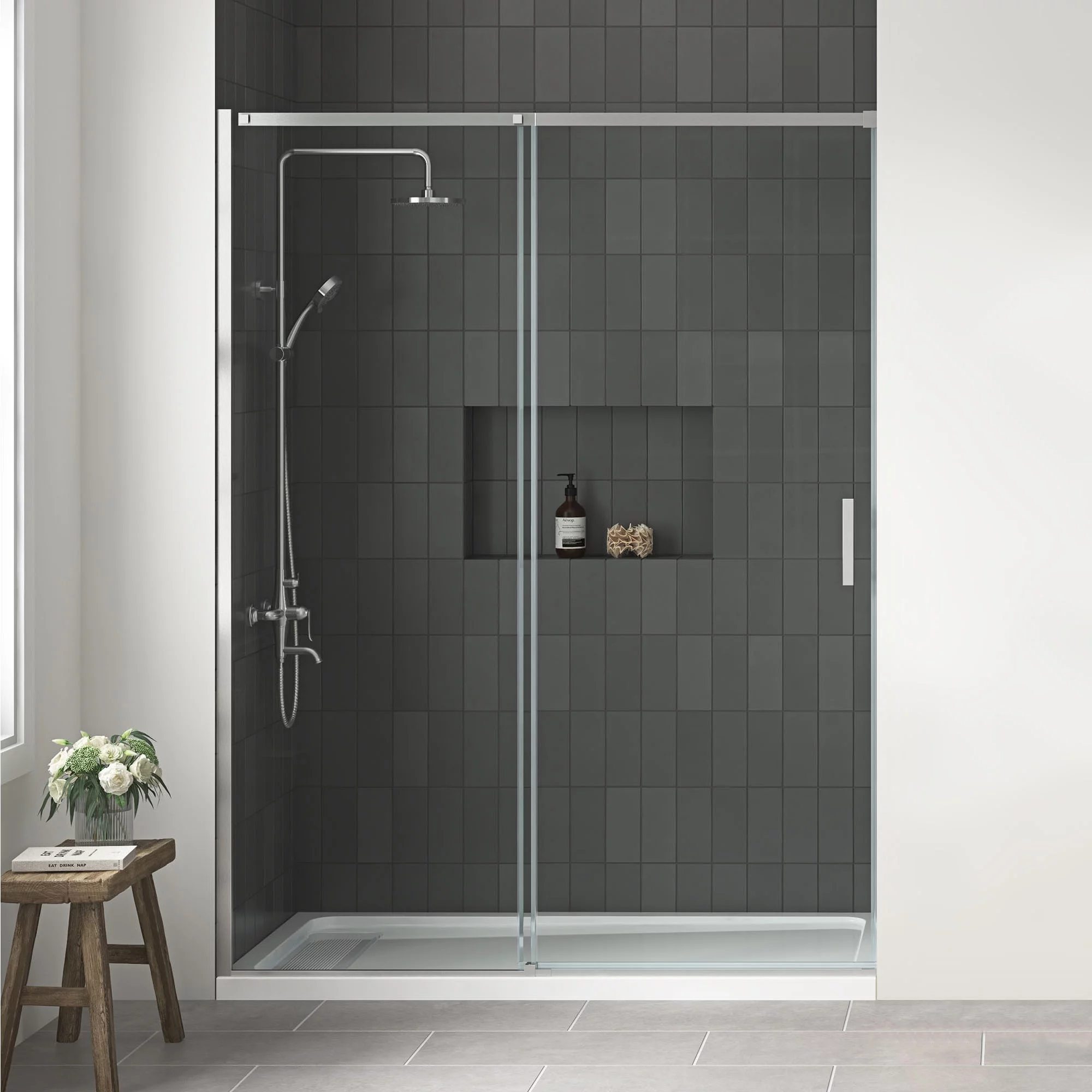 Ren Selections 60 in W x 78-3/4 in H Sliding Shower Door with Premium Satin Nickel Finish