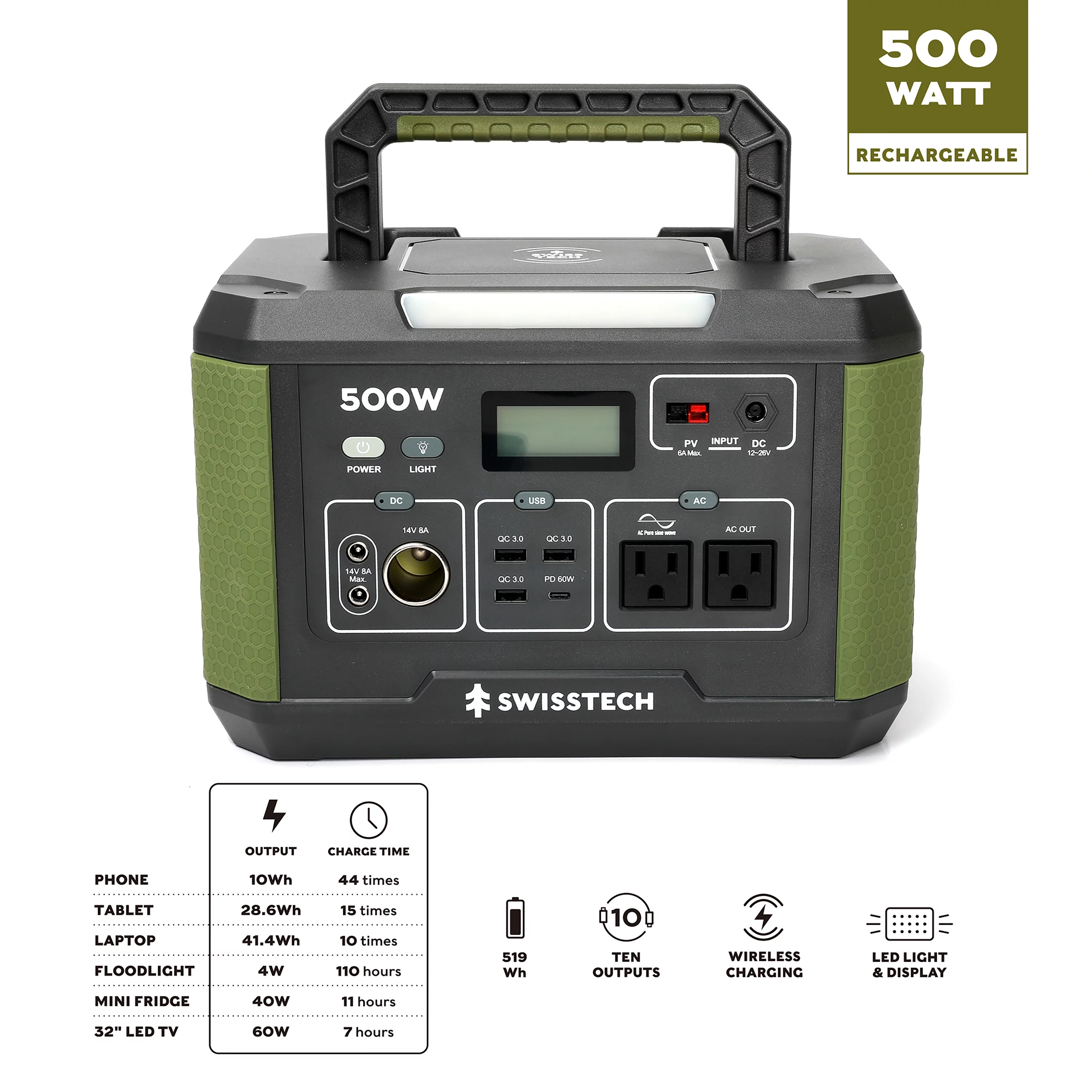 Swiss Tech 500W Portable Power Station, 519.4Wh, Solar Powered Battery for Camping and Travel Emergency