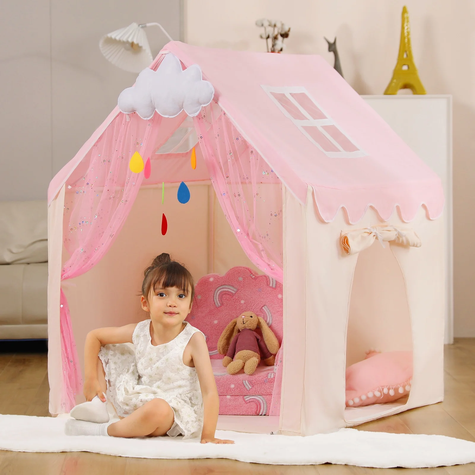 Kids Play Tent with Two Doors and Windows, Middle Sized Playhouse Tent for Baby Girls and Boys, Imaginative Kids Indoor Playhouses Play Tent