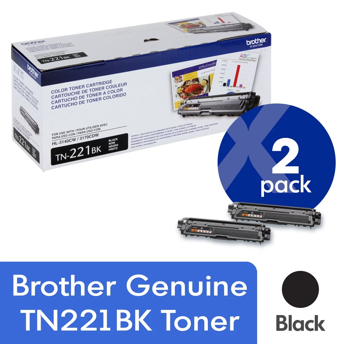 Brother Genuine Standard-Yield Black Toner Cartridge Twin Pack TN221 2PK Laser – Standard Yield – 2500 Pages Black (Per Cartridge) – 2 Pack