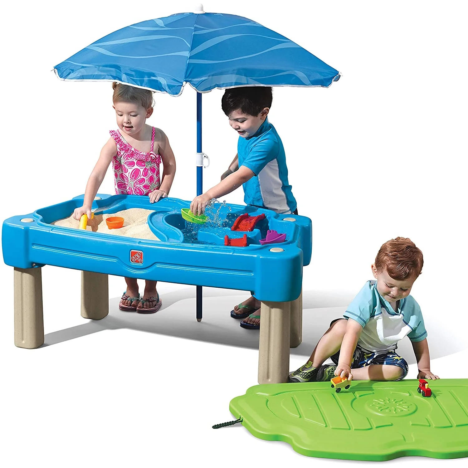 Step2 Cascading Cove Blue Plastic Sandbox and Water Table for Toddlers with Cover and Umbrella