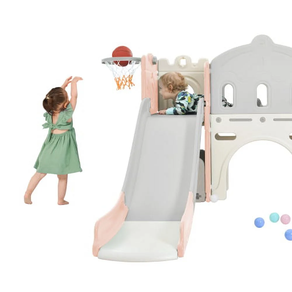 6 in 1 Slide Playset,Freestanding Castle Climber with Slide and Basketball Hoop,Toy Storage Organizer for Toddlers, Kids Climber Playhouse Playground Slide Set for Indoor Outdoor