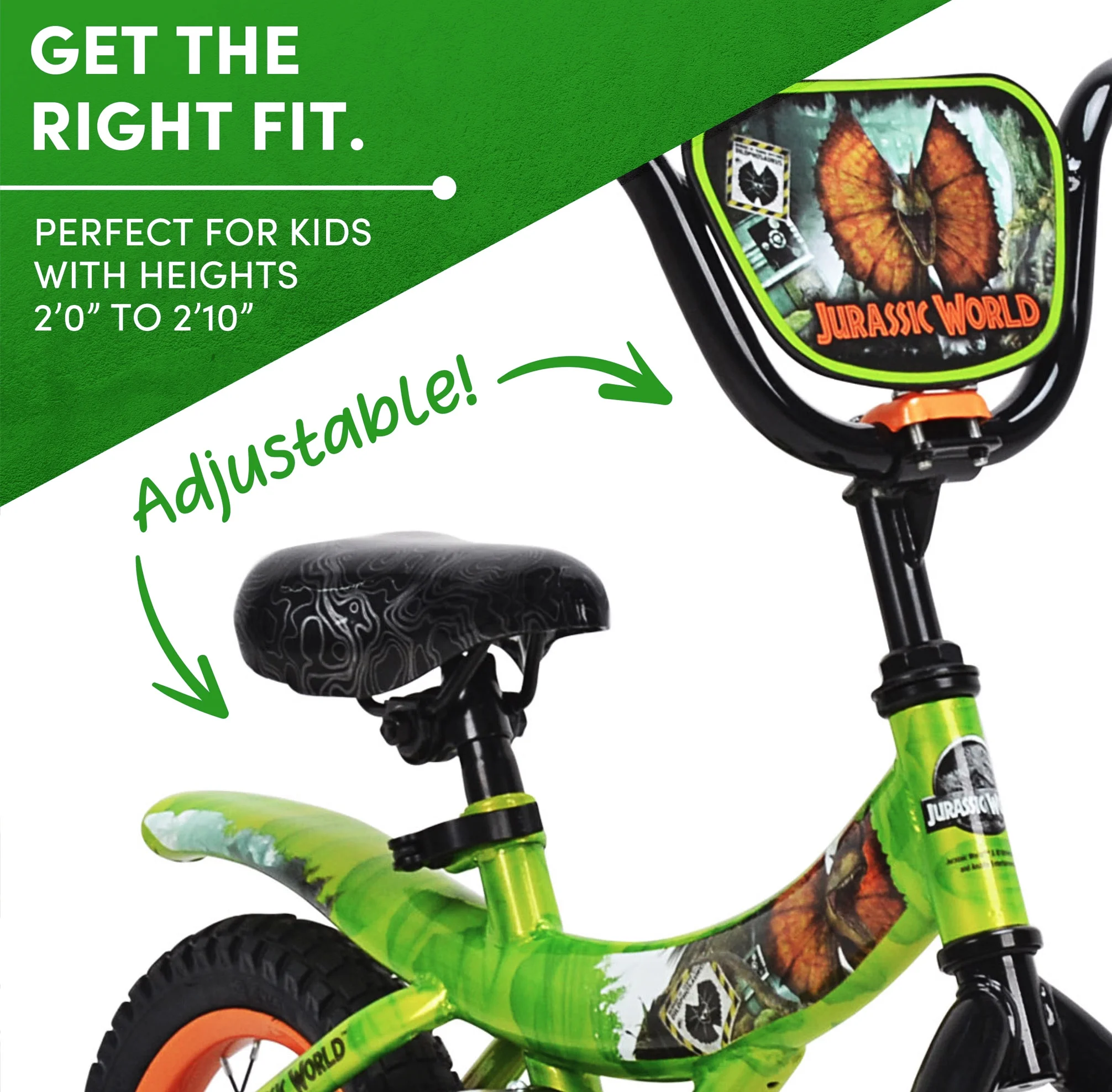 Jurassic World 12-inch Raptor Boy’s Bicycle with Training Wheel, Green and Orange