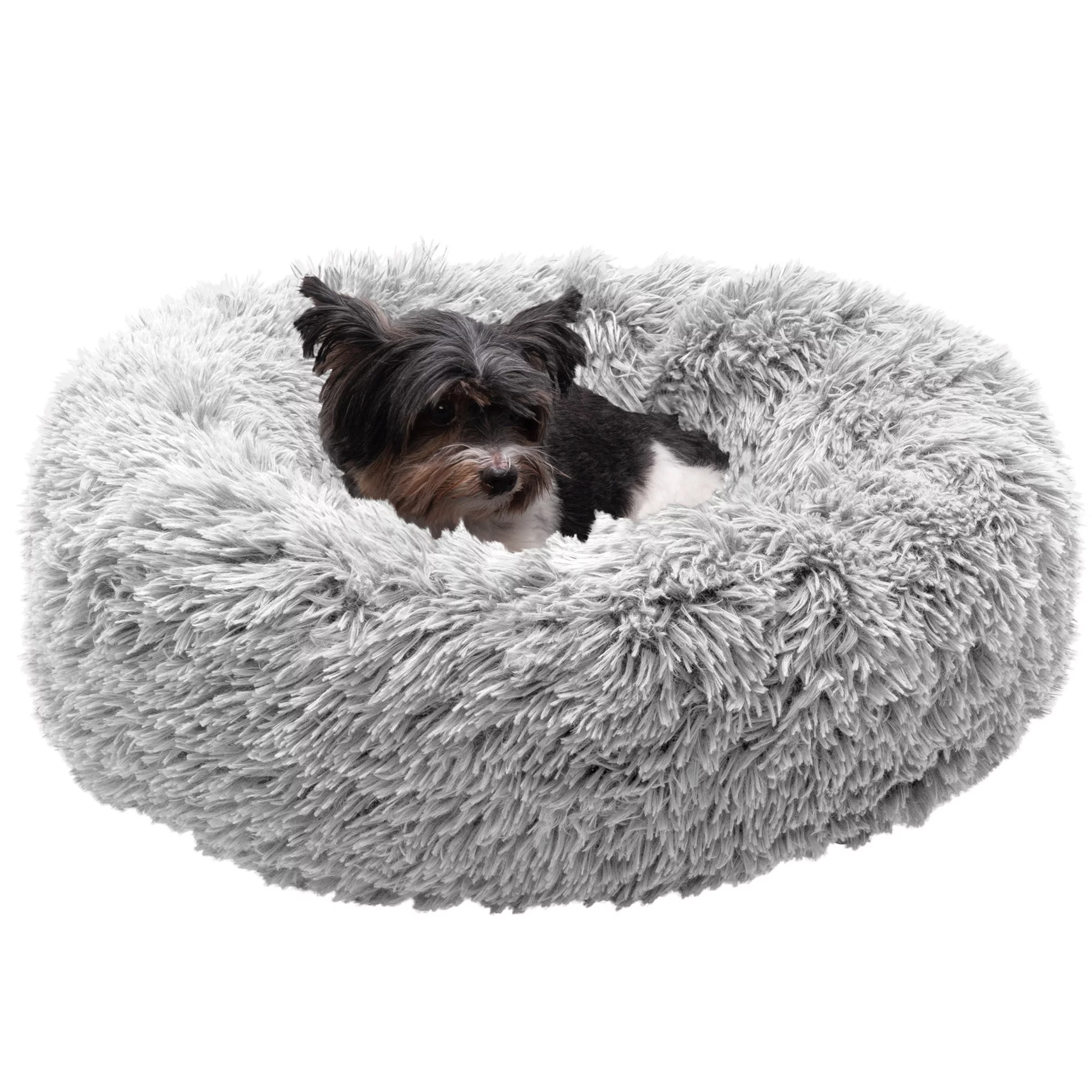 FurHaven Pet Products Calming Cuddler Long Faux Fur Donut Pet Bed for Dogs & Cats – Mist Gray, Small – 23″