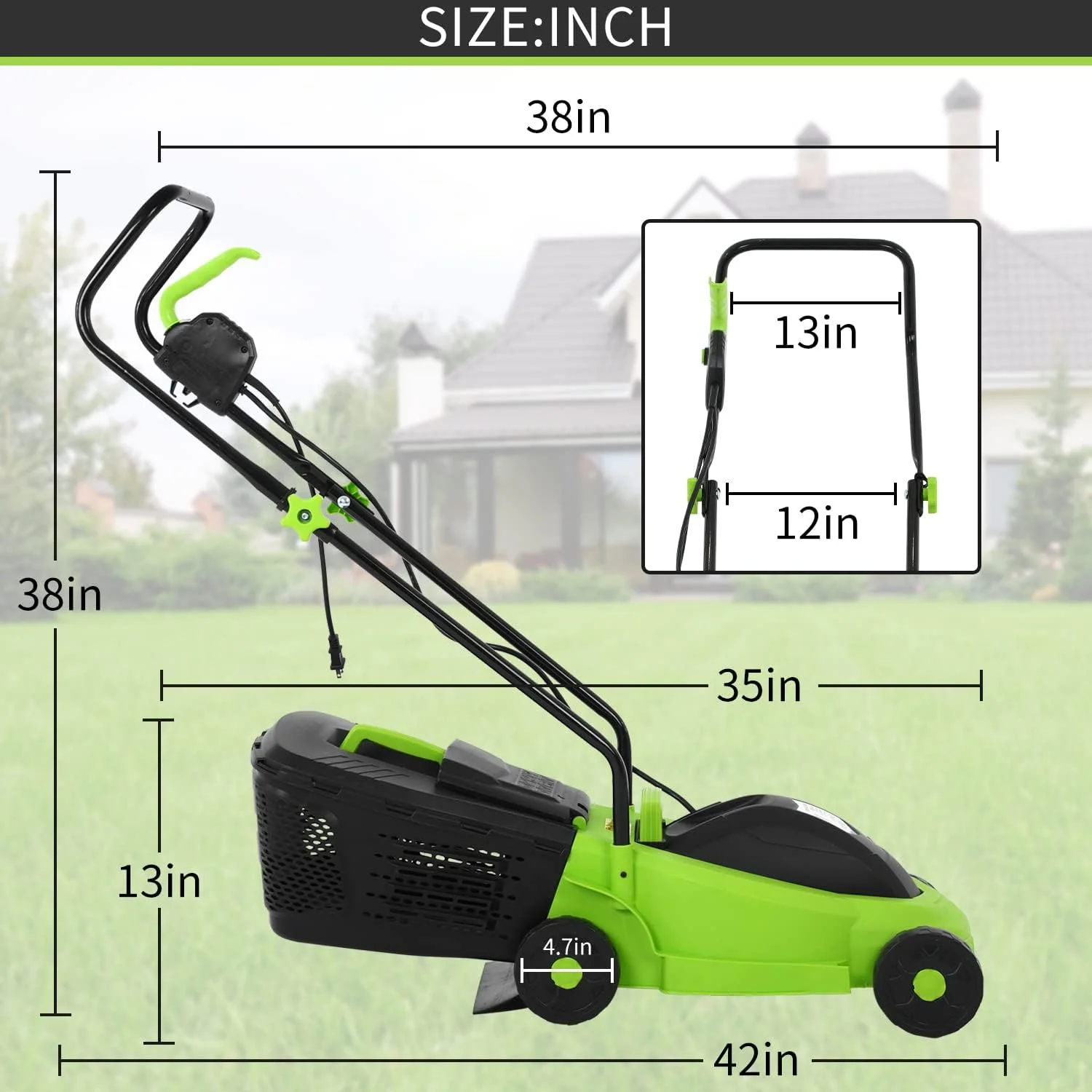 NiamVelo Electric Lawn Mower Grass Cutter Machine 12-Amp 13-inch Electric Dethatcher with 25L Collection Box, 3-Position Height Adjustment, Green