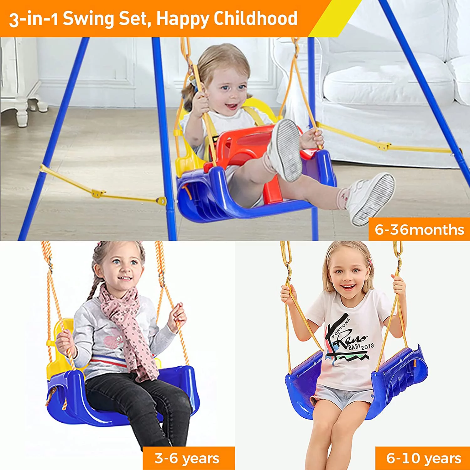 FUNLIO 3 in 1 Toddler Swing Set with 4 Sandbags, Heavy-Duty Kid Swing with Folding Metal Stand Indoor/Outdoor Play for Baby/Infant, Easy to Assemble