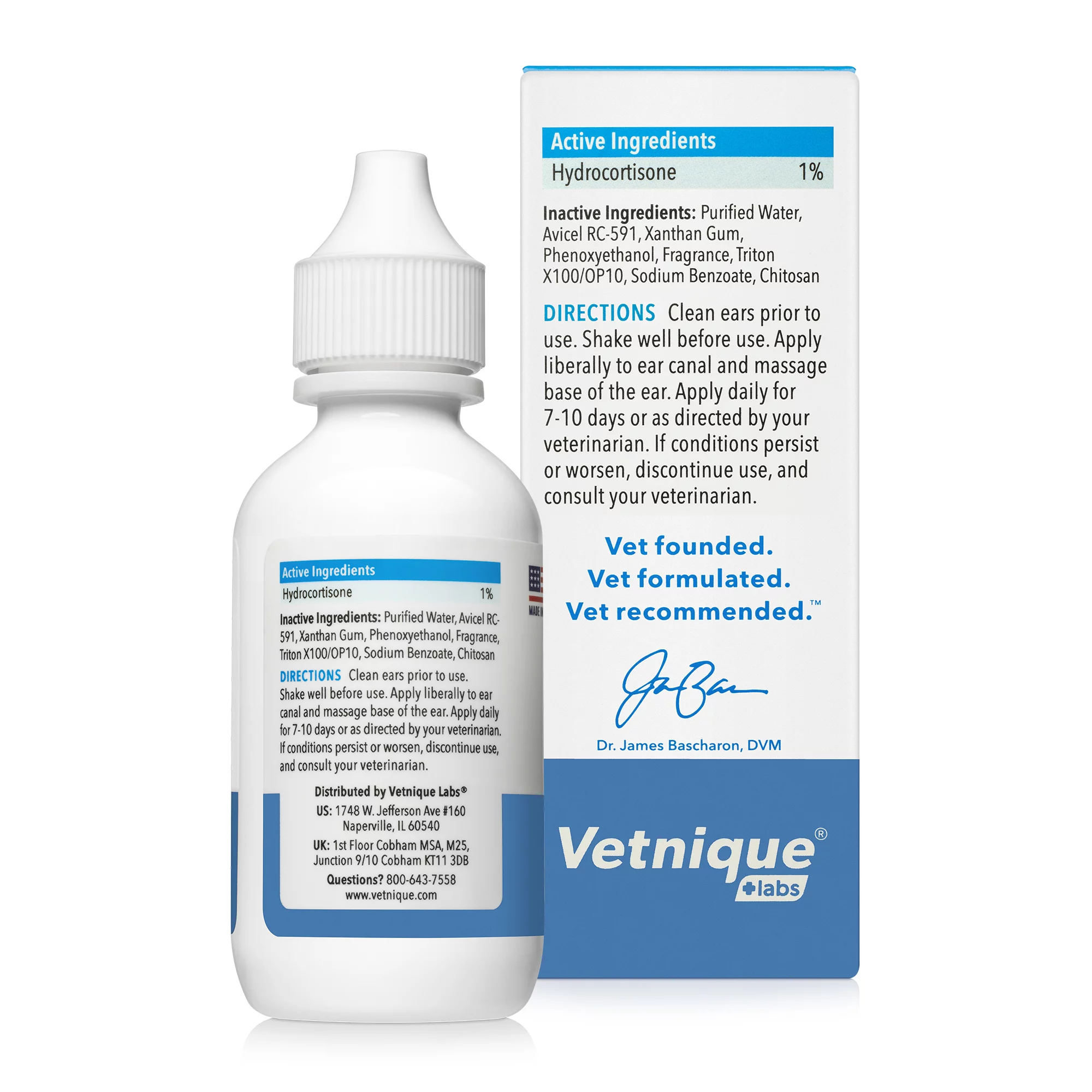 Vetnique Labs Oticbliss Medicated Ear Drops for Dogs & Cats with Hydrocortisone, Clear the Ear! 1.8 fl oz