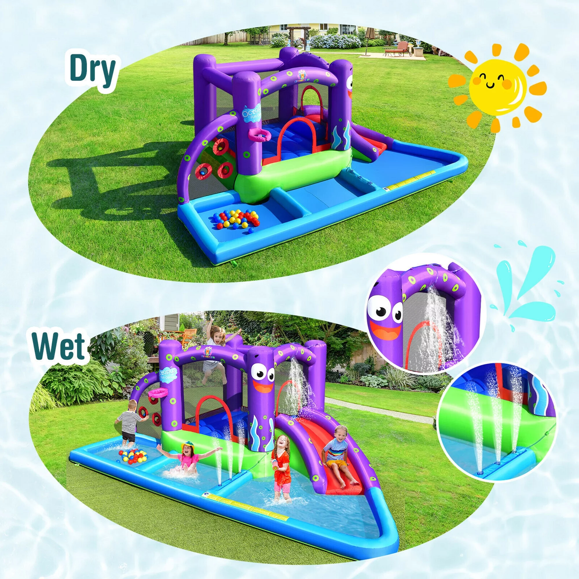 Gymax Inflatable Water Slide Castle Kids Bounce House w/ Octopus Style Blower Excluded