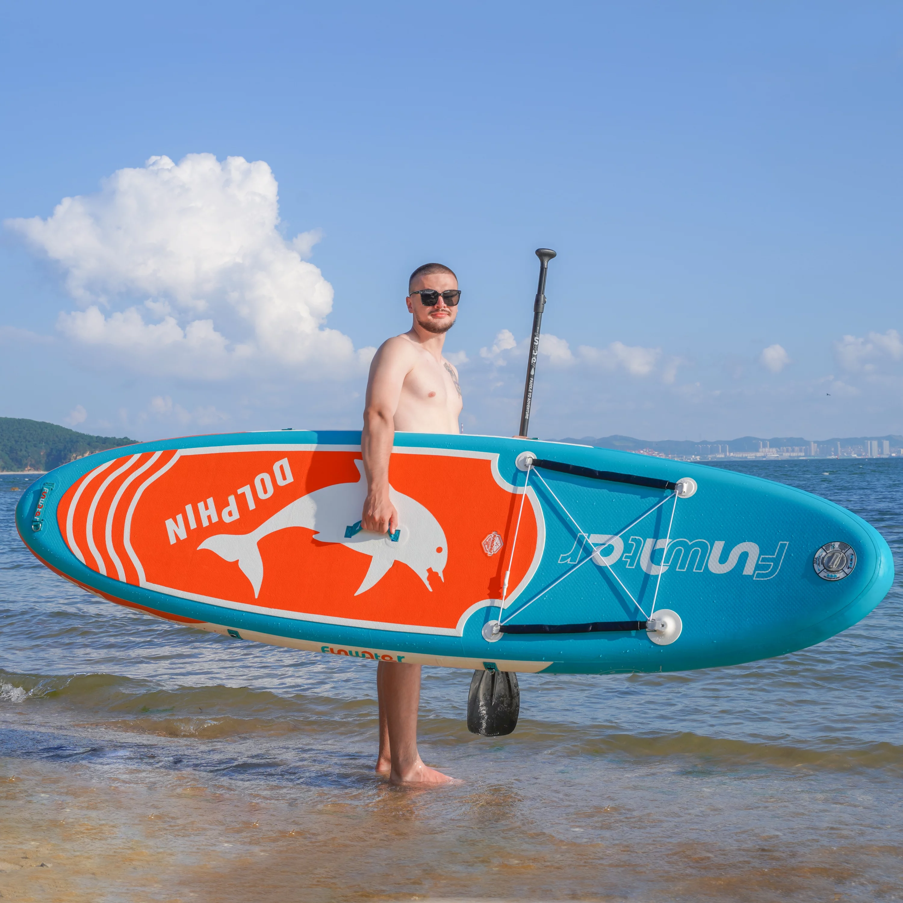 FUNWATER Stand Up Inflatable Paddle Board, ISUP Dolphin Pattern Paddle Board 10’x31”x6” (LXWXH)Blue Orange, Premium Free Accessories Backpack Paddle Fins,Unisex