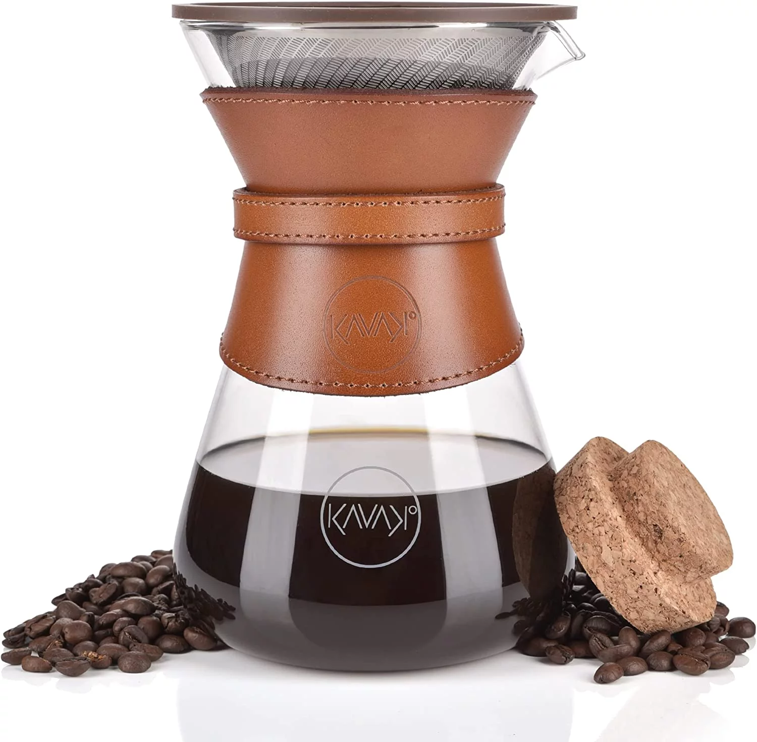 KAVAKO Pour Over Coffee Maker Set with Double-Layer Stainless Steel Filter, Cork Lid, and Leather Collar 37oz (7 cups)