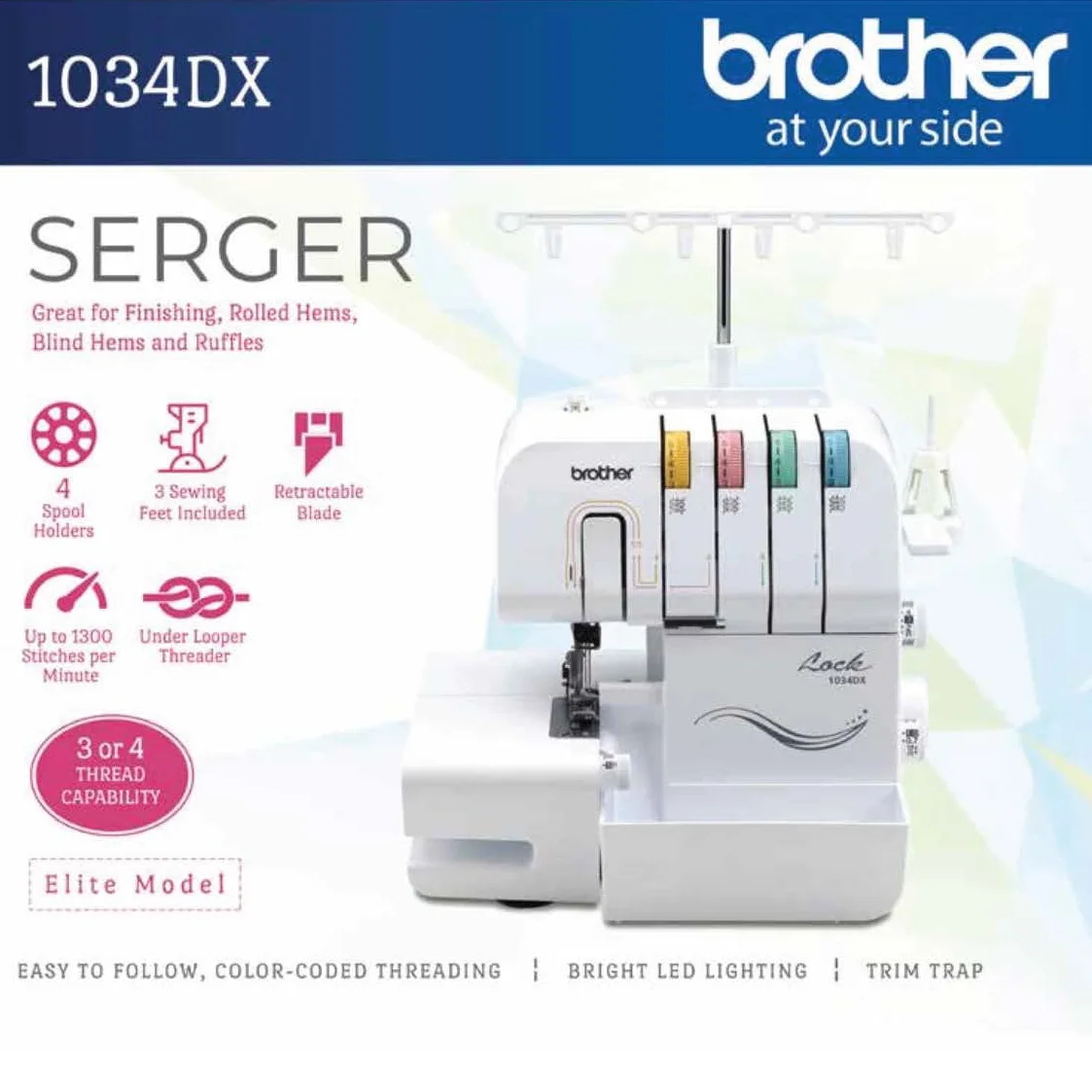 Brother 1034DX Easy-to-Use 3 or 4 Thread Serger with Color Coded Thread Guides