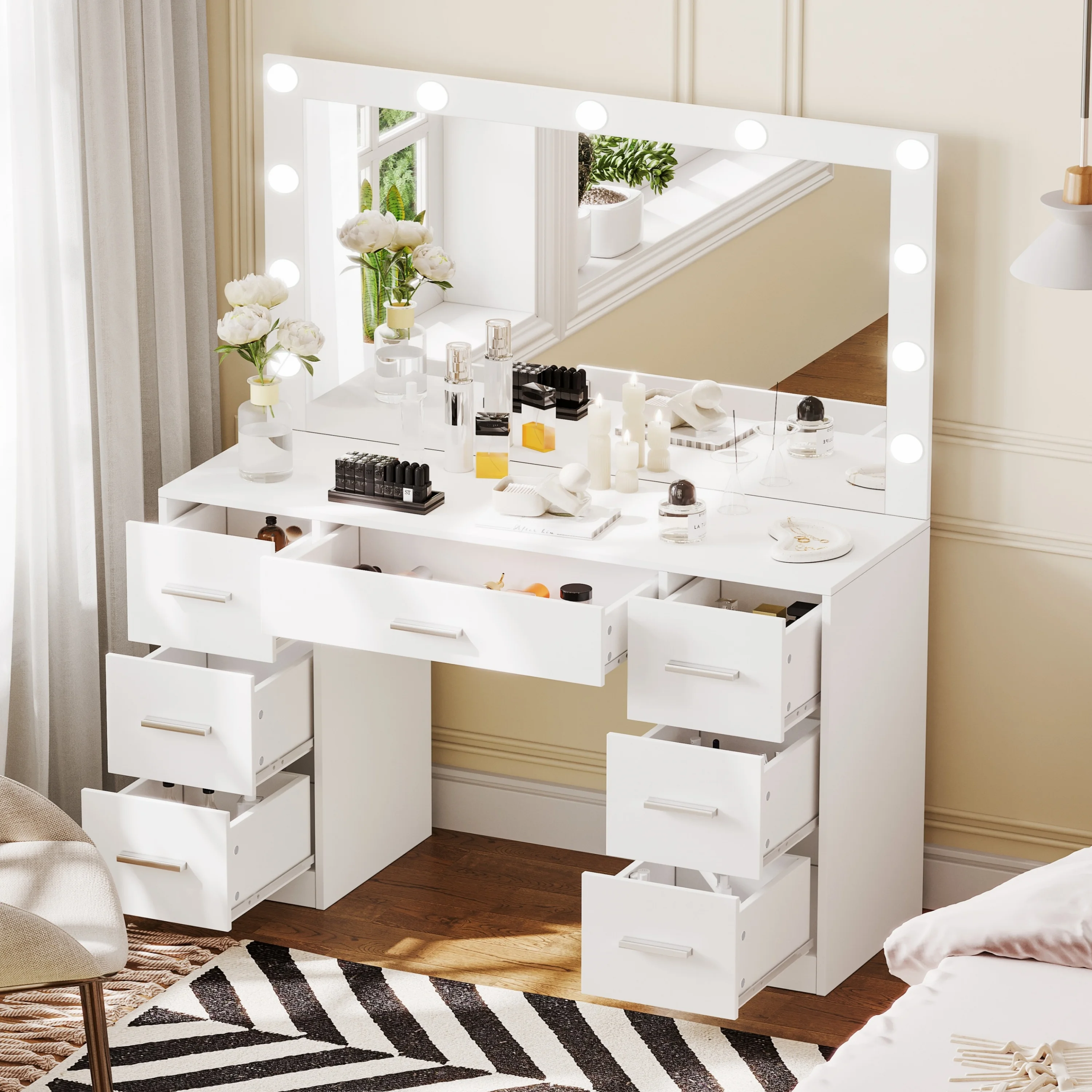 Makeup Vanity Table with Large Mirror and 3-mode Lights, 7-Drawer Dressing Table, Bedroom Makeup Table, White LYVT004W