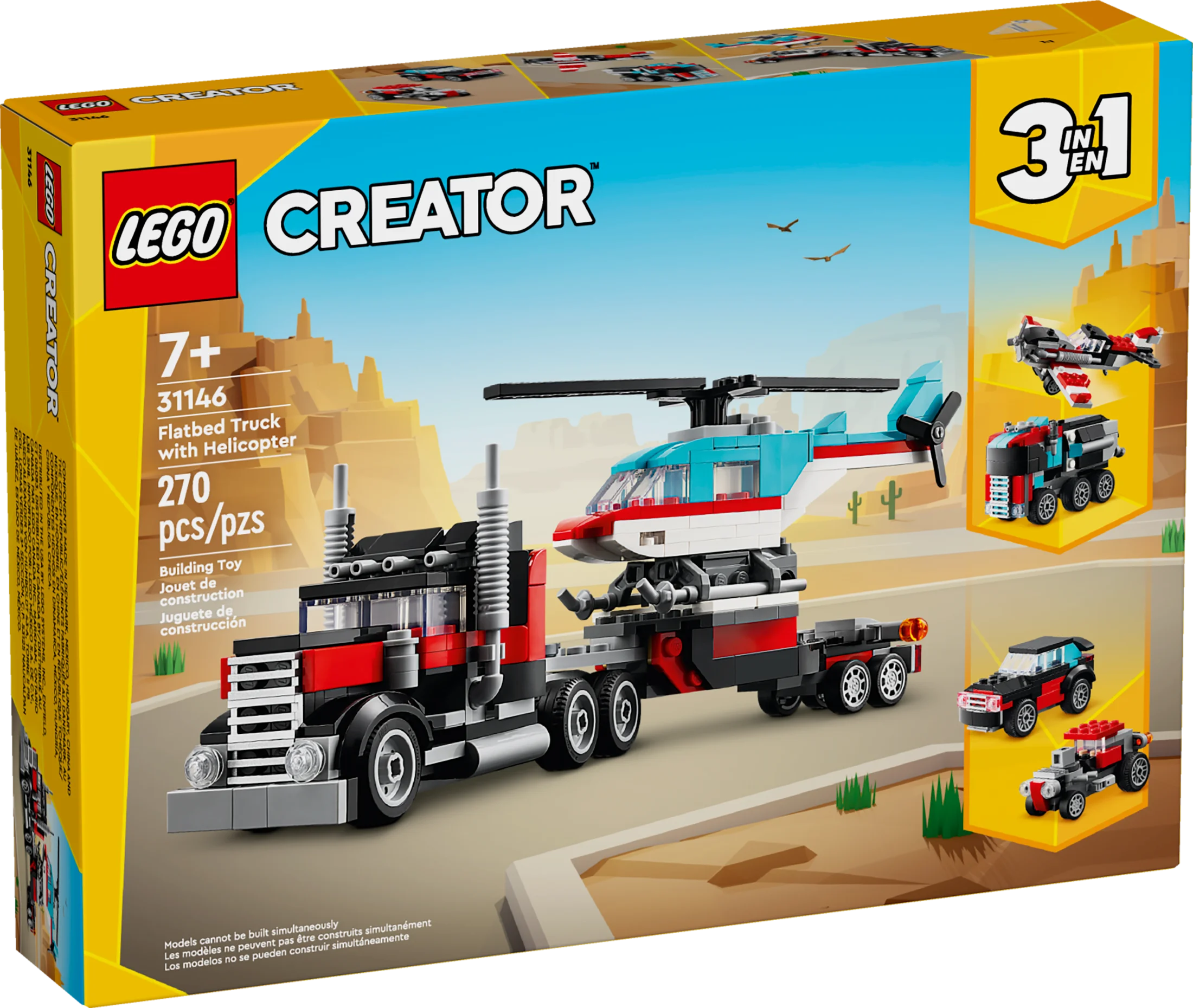 LEGO Creator 3 in 1 Flatbed Truck with Helicopter Toy, Transforms from Flatbed Truck Toy to Propeller Plane to Hot Rod and SUV Car Toys, Gift Idea for Boys and Girls Ages 7 Years Old and Up, 31146