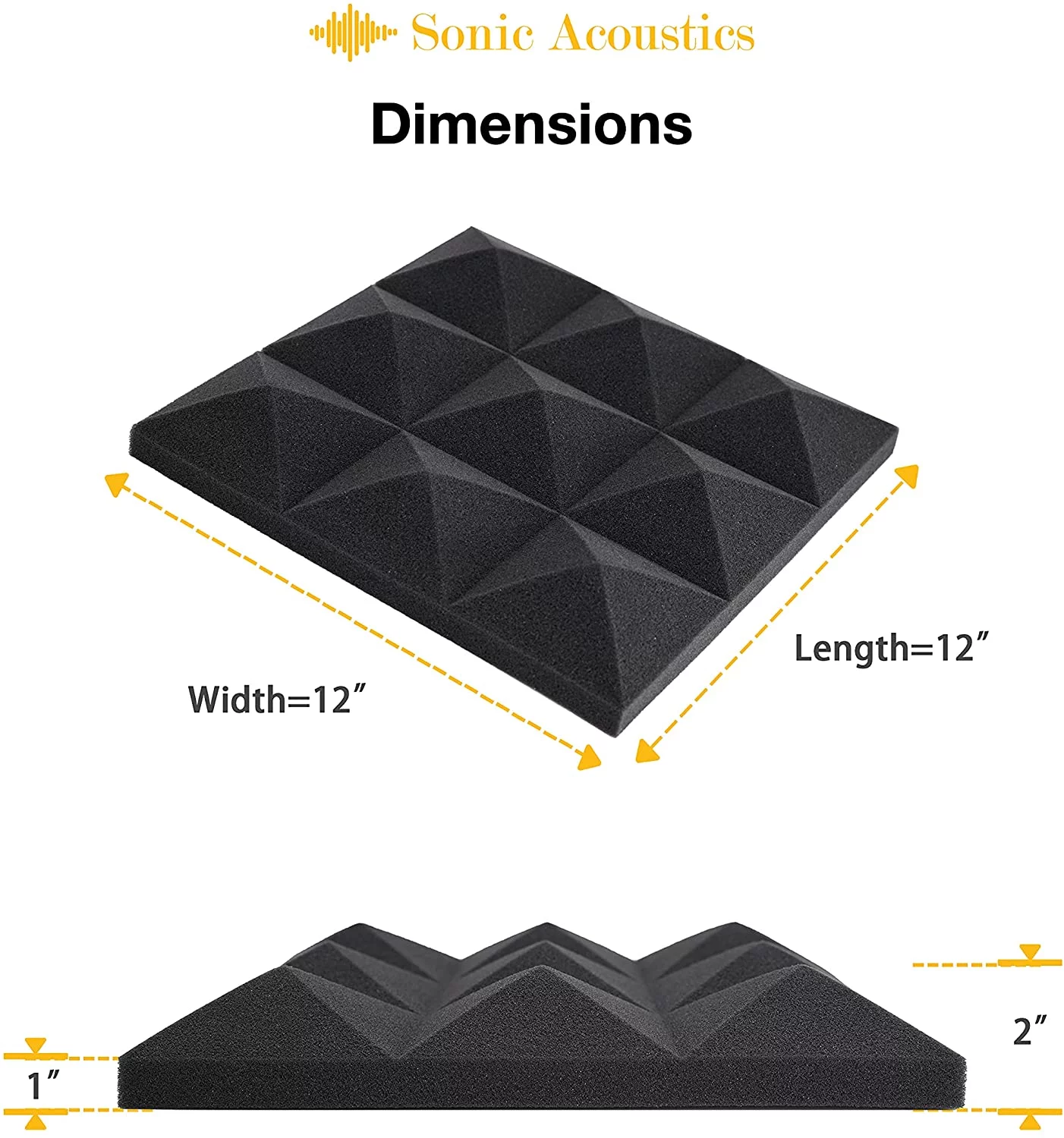 Acoustic Foam Panels – Pyramid Recording Studio Wedge Tiles – 2″ X 12″ X 12″ Isolation Treatment for Walls and Ceiling (12 Pack, Black)