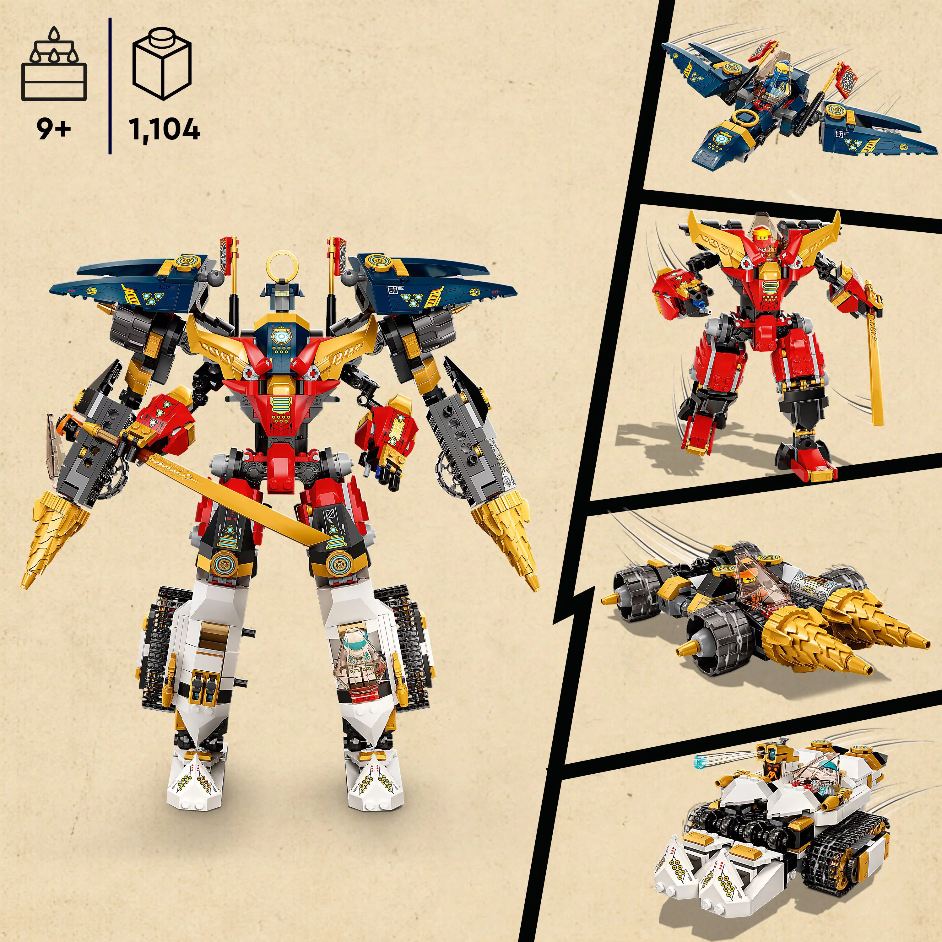 LEGO NINJAGO Ninja Ultra Combo Mech 4 in 1 Set 71765 with Toy Car, Jet Plane and Tank Toys plus 7 Minifigures