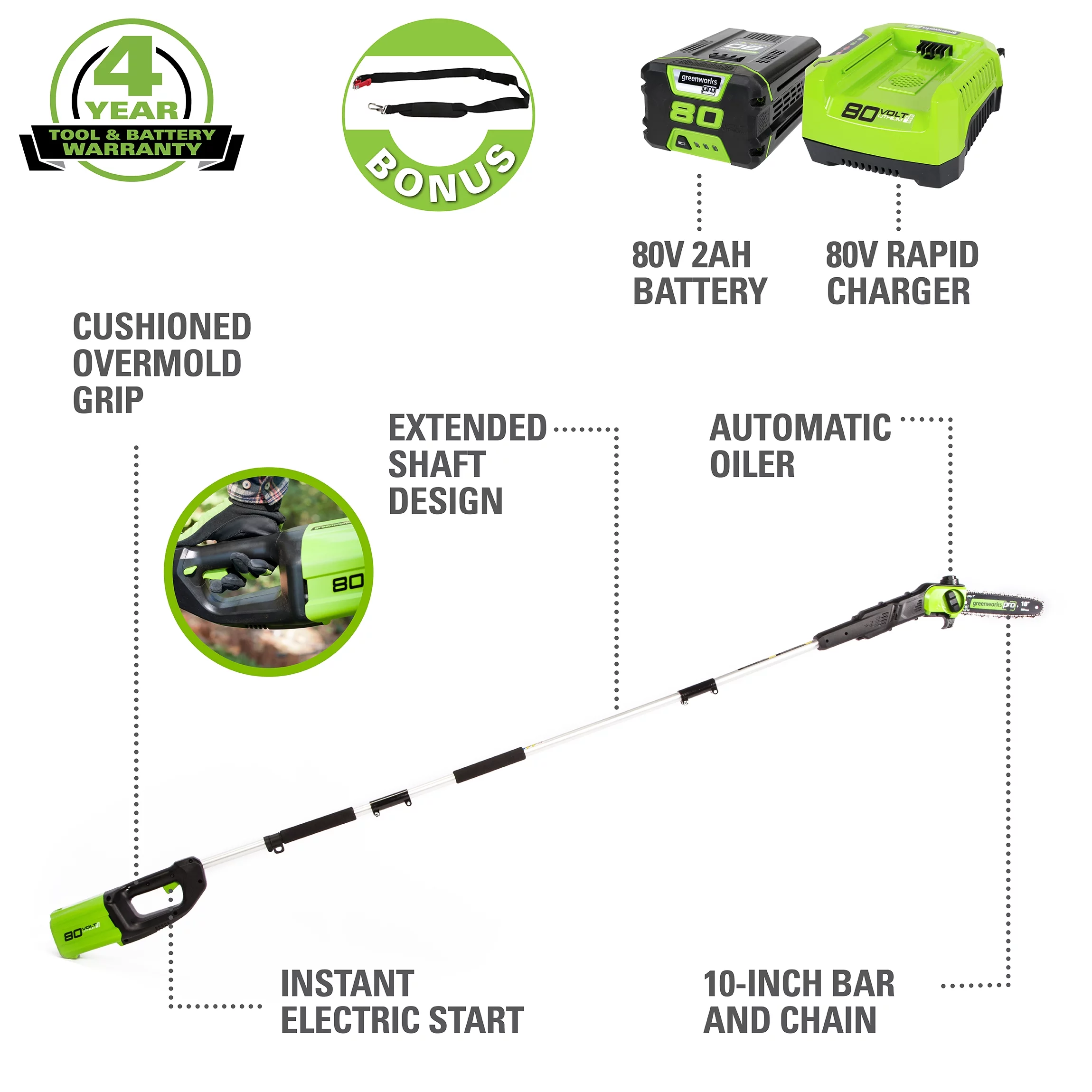 Greenworks PRO 80V 10 in. Brushless Pole Saw W/2.0 Ah Battery, PS80L210