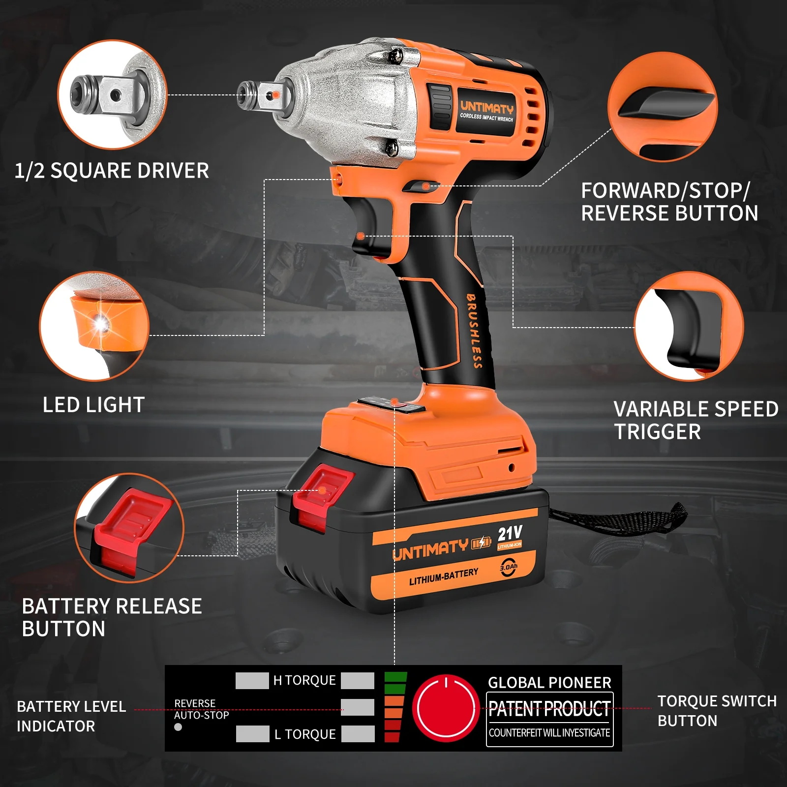 Cordless Impact Wrench, UNTIMATY 1/2 inch  Brushless Impact Gun, Max Torque 350 Ft-lbs??450N.m?? Impact Wrench with 20V Brushless Motor, with 3.0Ah Li-ion Battery & 7 Sockets