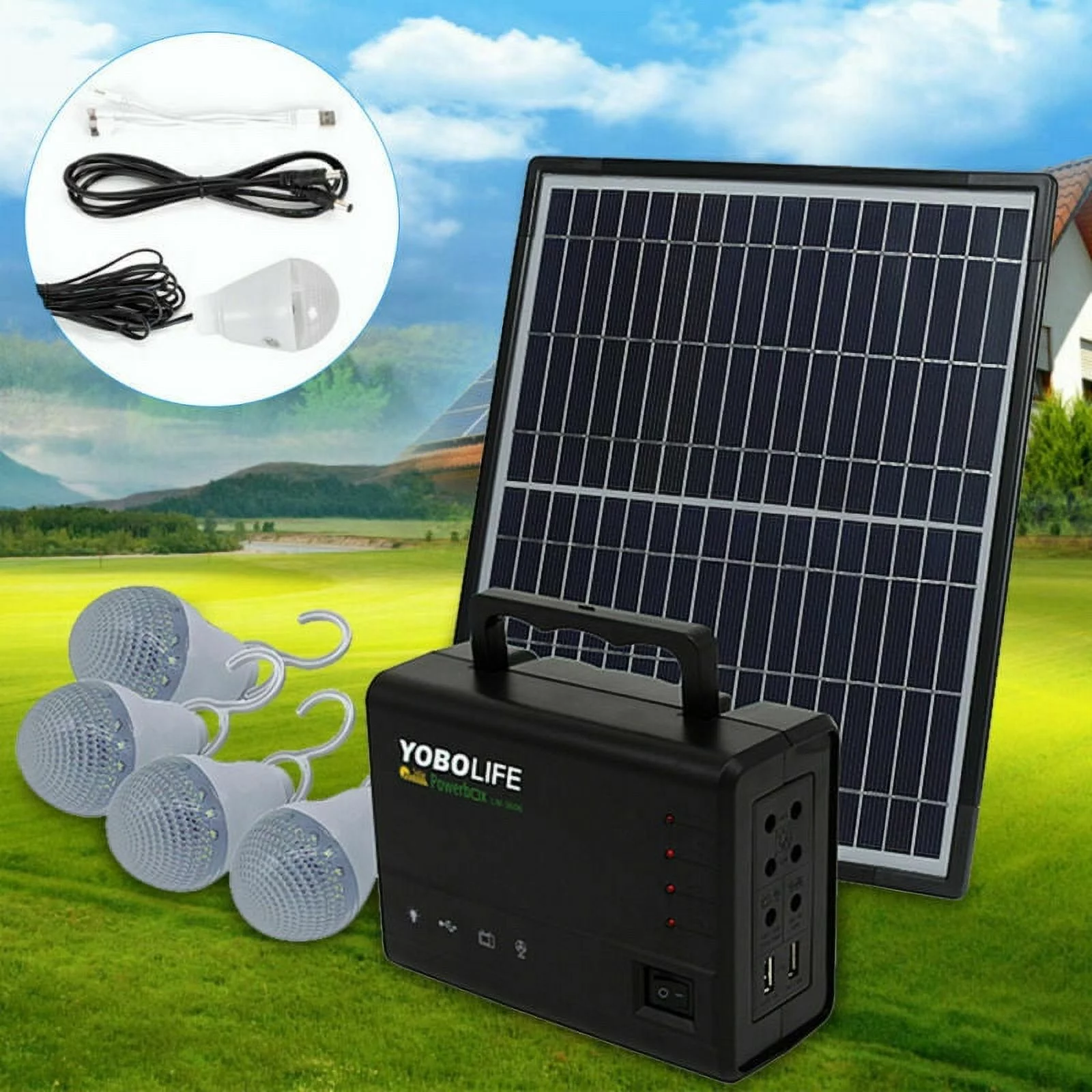 Portable Solar Panel Power Generator Kit Battery Pack Power Station + 4 Bulb