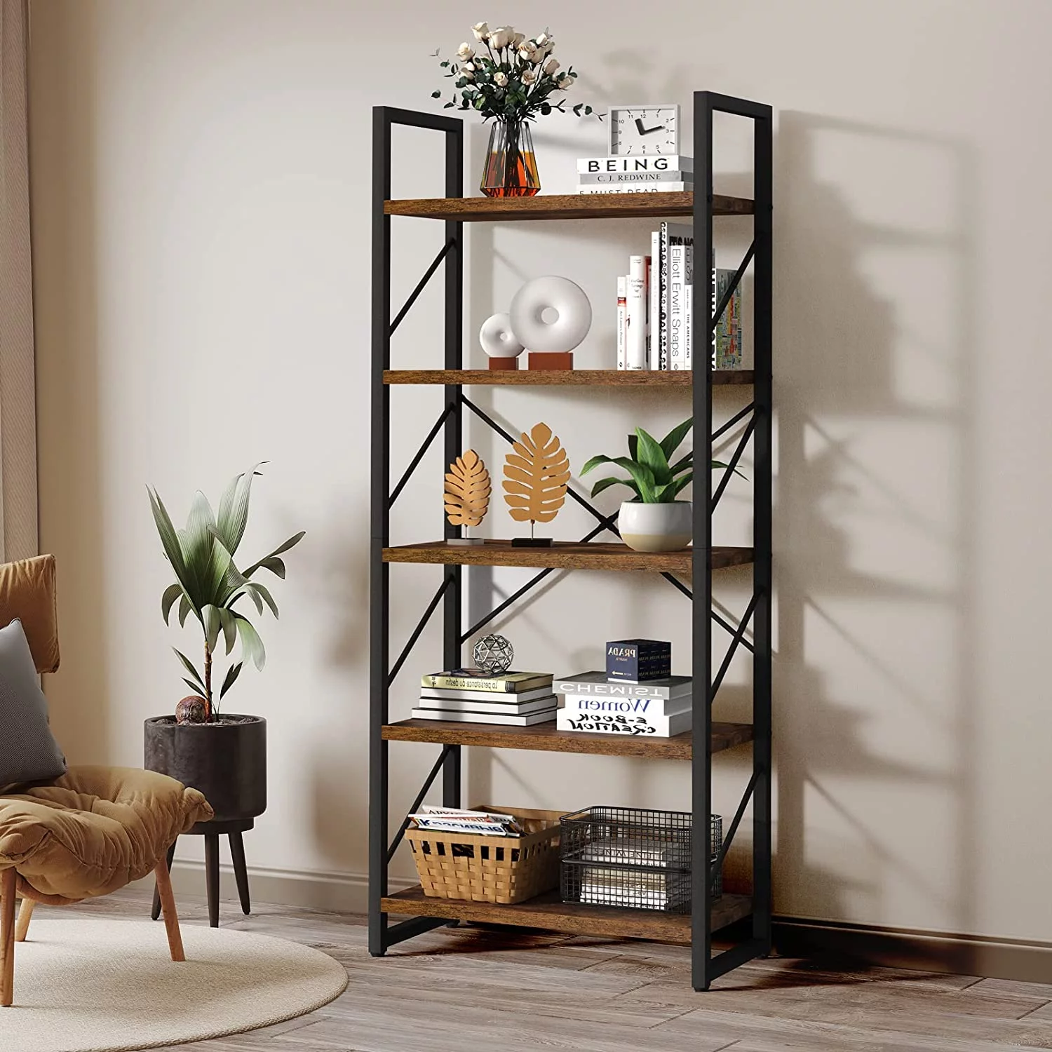 Dextrus 5-Tier Bookcase Storage Shelves, 65 in Ladder Bookshelf, Industrial Furniture for Bedroom Living Room Office, Charcoal Gray &Black