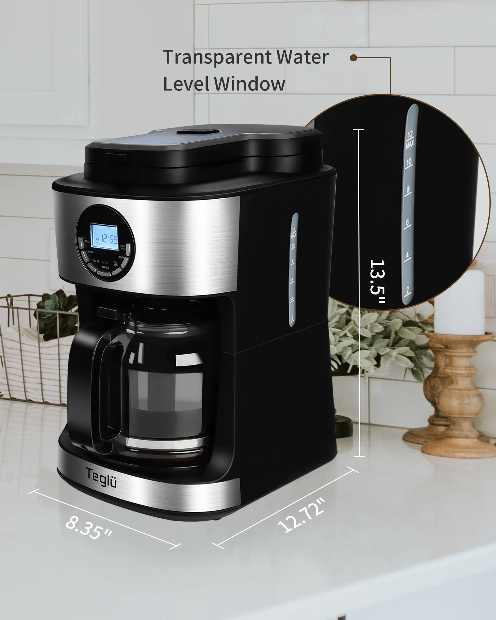 Teglu Coffee Maker with Grinder 12 Cups, Programmable Grind and Brew Coffee Machine with Warming Plate, Automatic Drip Coffee Pot with 60 oz Glass Carafe BPA Free, 950W, Black