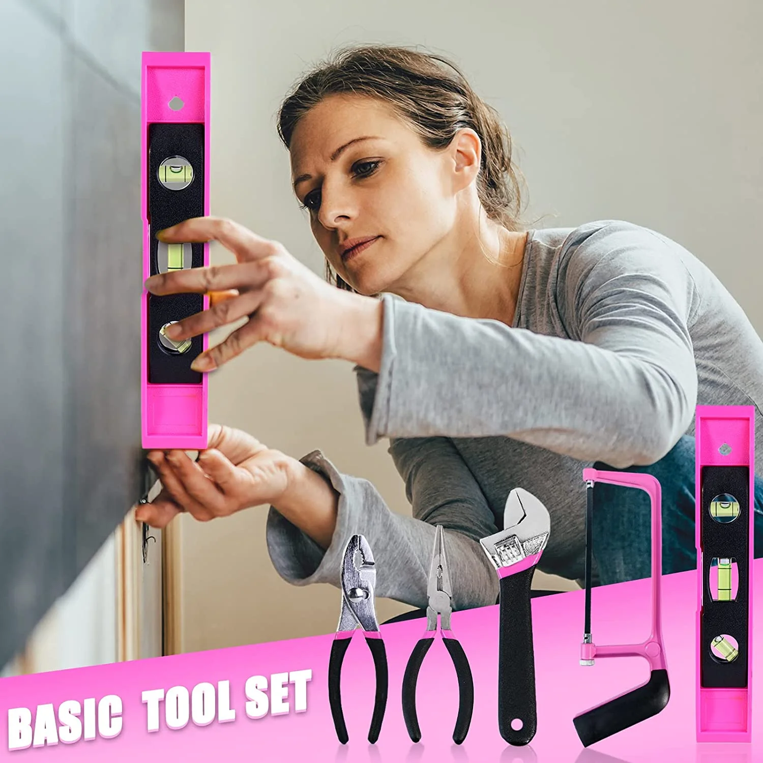 ThinkLearn Pink Tool Kit with 20V Cordless Drill(265in-lbs), Pink Drill Set for Women,Lady’s Home Tool Kit for DIY