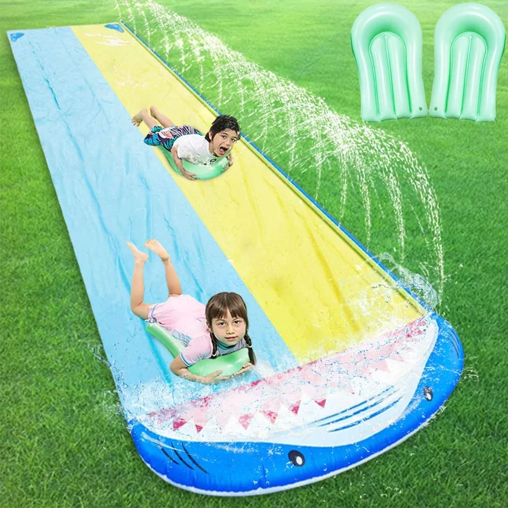 Lawn Water Slide with 2 Bodyboards for Kids, Double Racing Lane Slip Outdoor Waterslide Summer Toy with Build in Splash Sprinkler for Kids Adults Backyard Garden Outdoor Sprinklers Toy Play 16ft