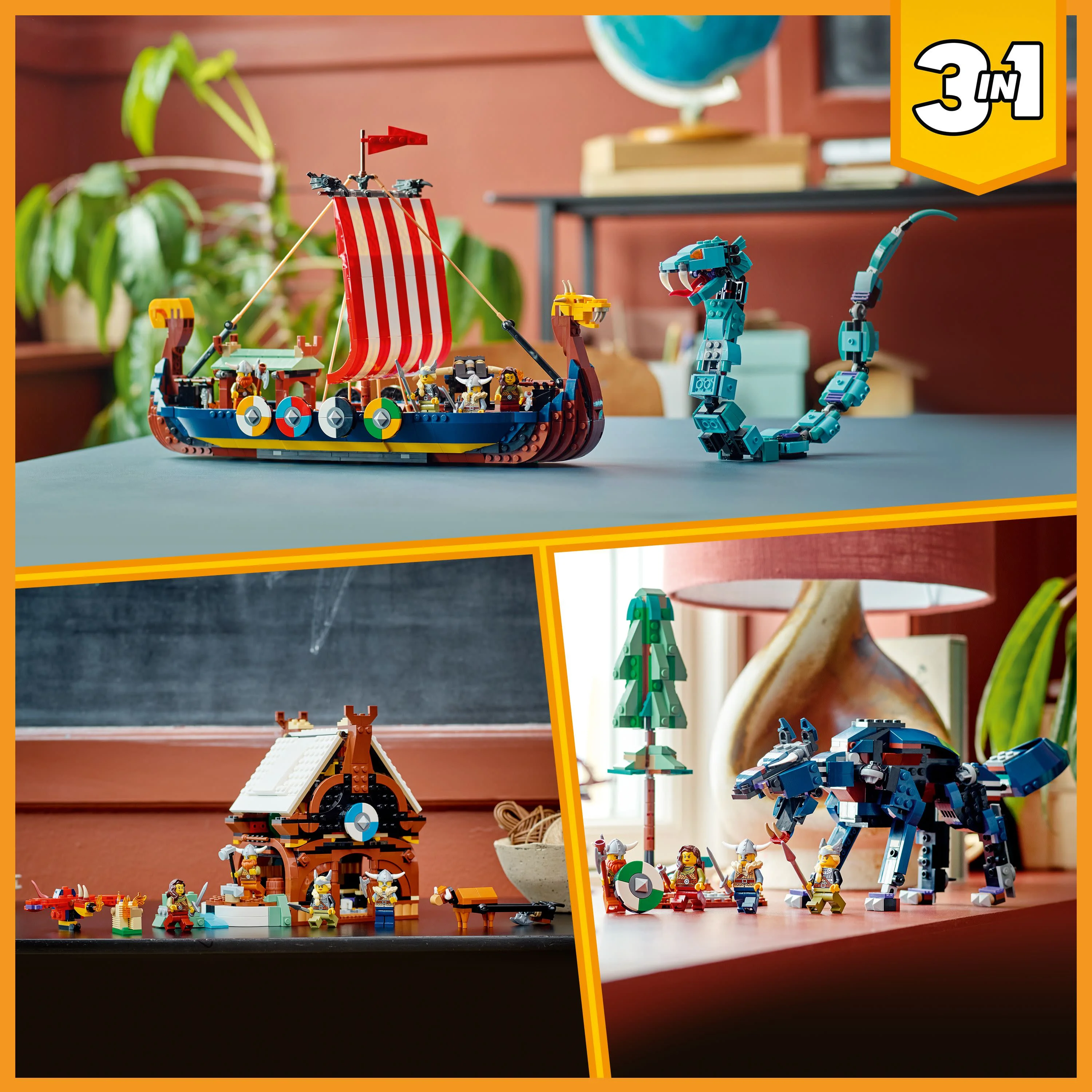 LEGO Creator 3 in 1 Viking Ship and the Midgard Serpent, Transforms from Amazing Ship to Viking House or Fenris Wolf Figure, Gifts for Kids, Boys, and Girls, 31132