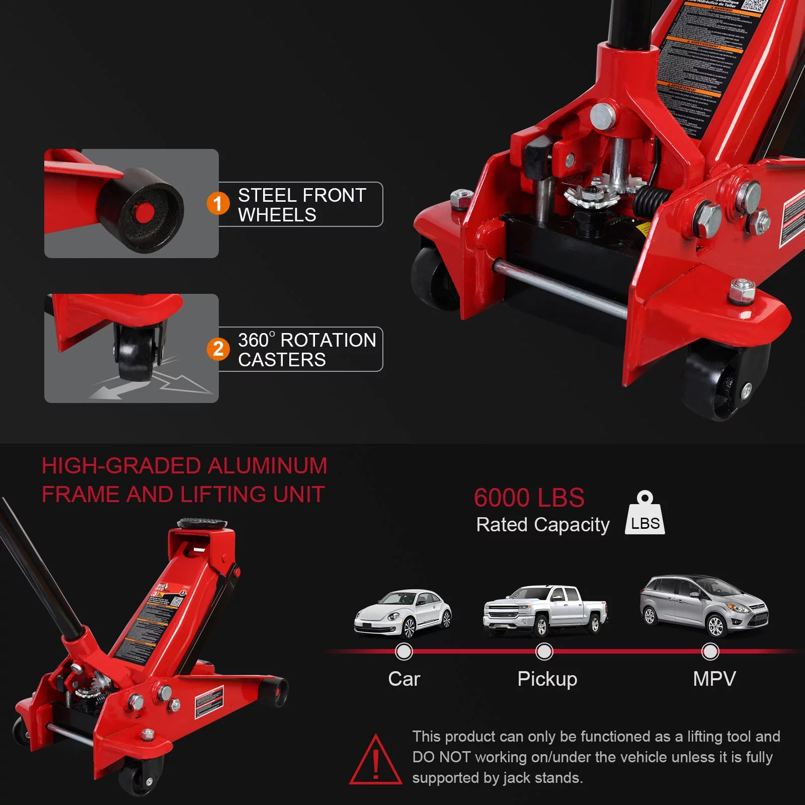 Big Red 3 Ton Hydraulic Floor Jack with Quick Lift Pump Car Jack, (6,000 lb) Capacity,Red,W83025