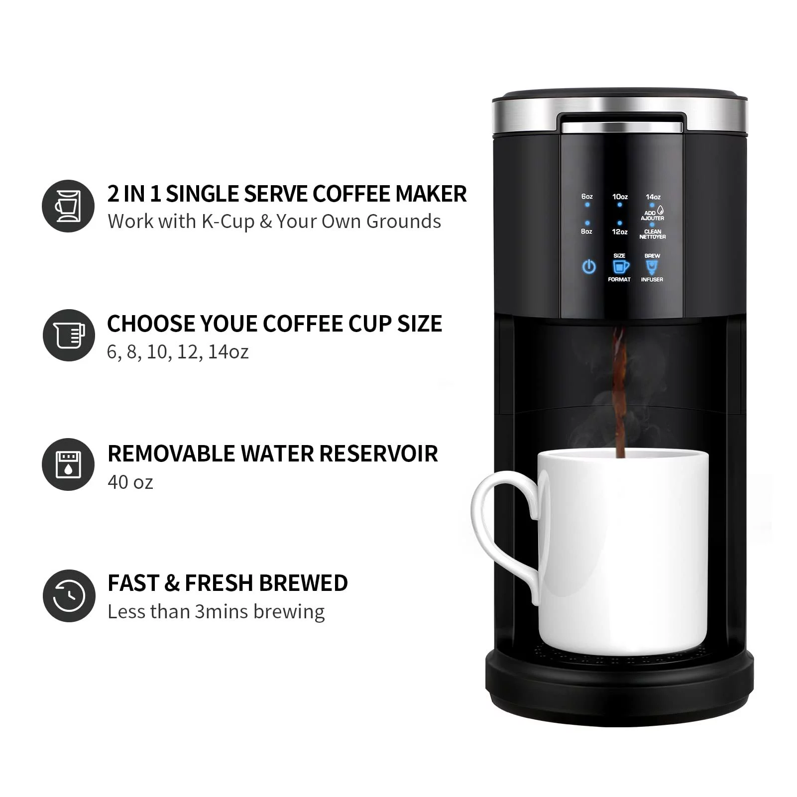 VIMUKUN Single Serve Coffee Maker for K-Cup Pod and Ground Coffee, 6 to 14 oz Brew Sizes, 40 oz Removable Water Reservoir, Single Cup Coffee Brewer with Self-cleaning Function