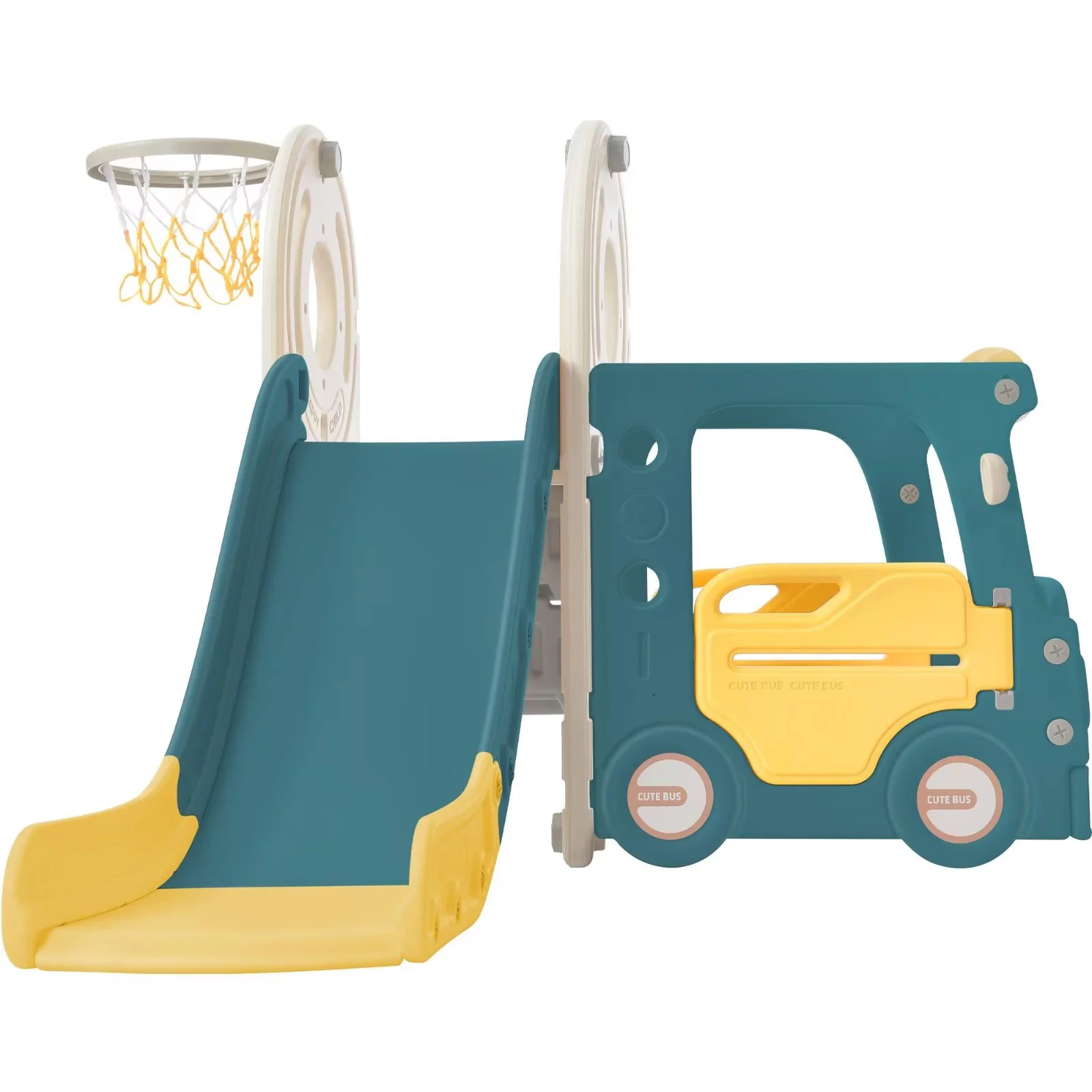 4-in-1 Baby Slide, Indoor Outdoor Kids Slide with Basketball Hoop, Climber & Bus Playhouse, Freestanding Playground Slide, 39.8” L x 67.7” W x 37” H, Yellow