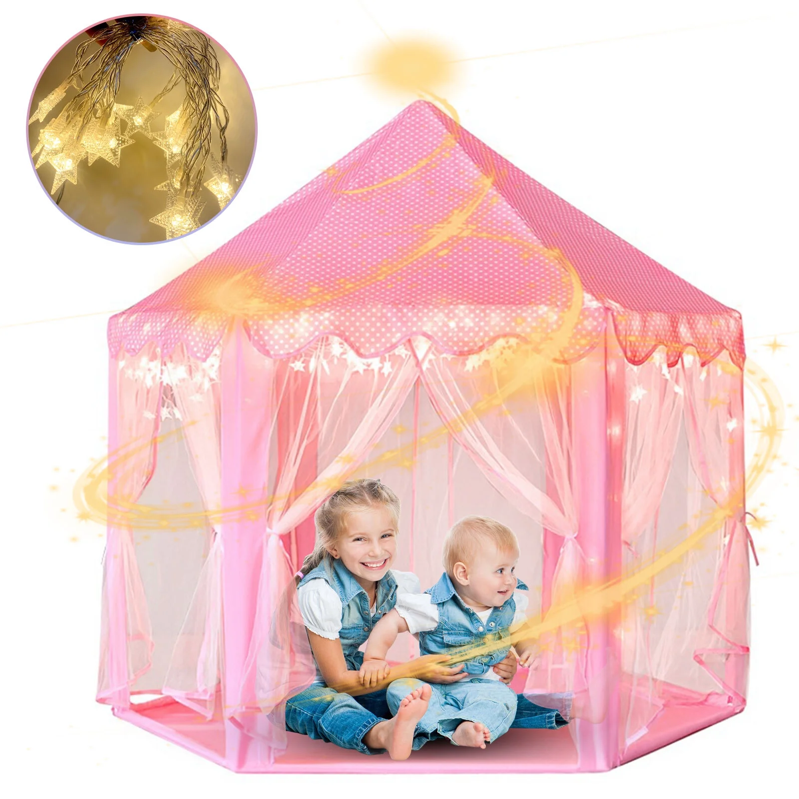 Princess Tent for Girls, Pink Castle Tent with String Light Indoors Outdoor Foldable Playhouse for Kid Age 3-12 Years