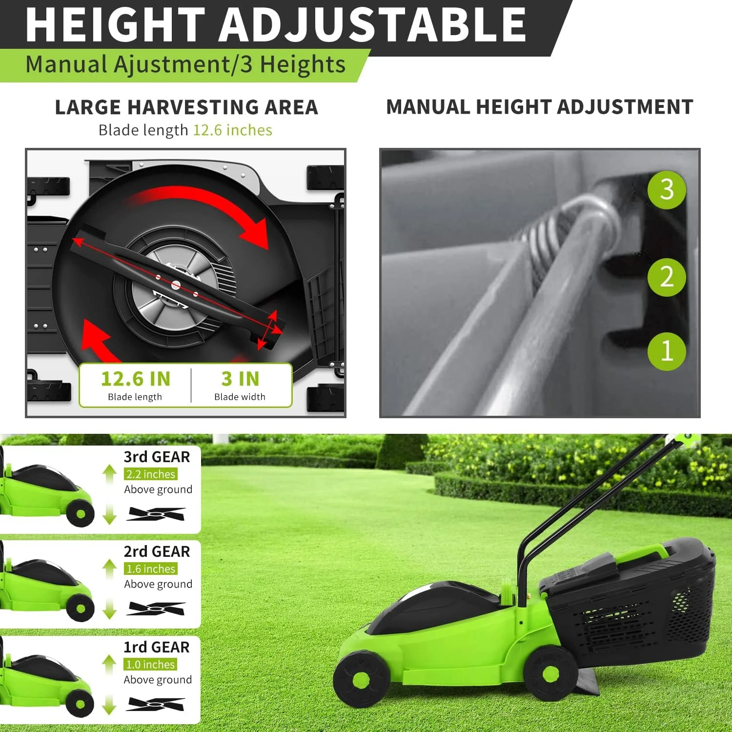 NiamVelo Electric Lawn Mower Grass Cutter Machine 12-Amp 13-inch Electric Dethatcher with 25L Collection Box, 3-Position Height Adjustment, Green