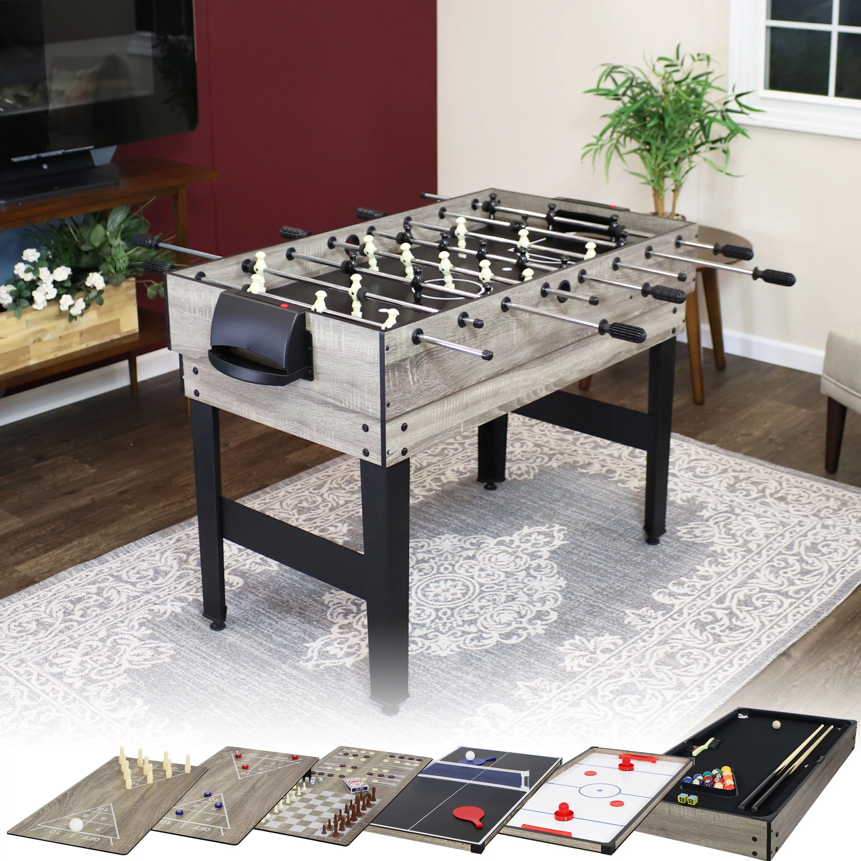 Sunnydaze Multi-Game Table with Billiards, Hockey, Foosball, Ping Pong, Shuffleboard, Chess, Cards, Checkers, Bowling, and Backgammon – Game Time Blue