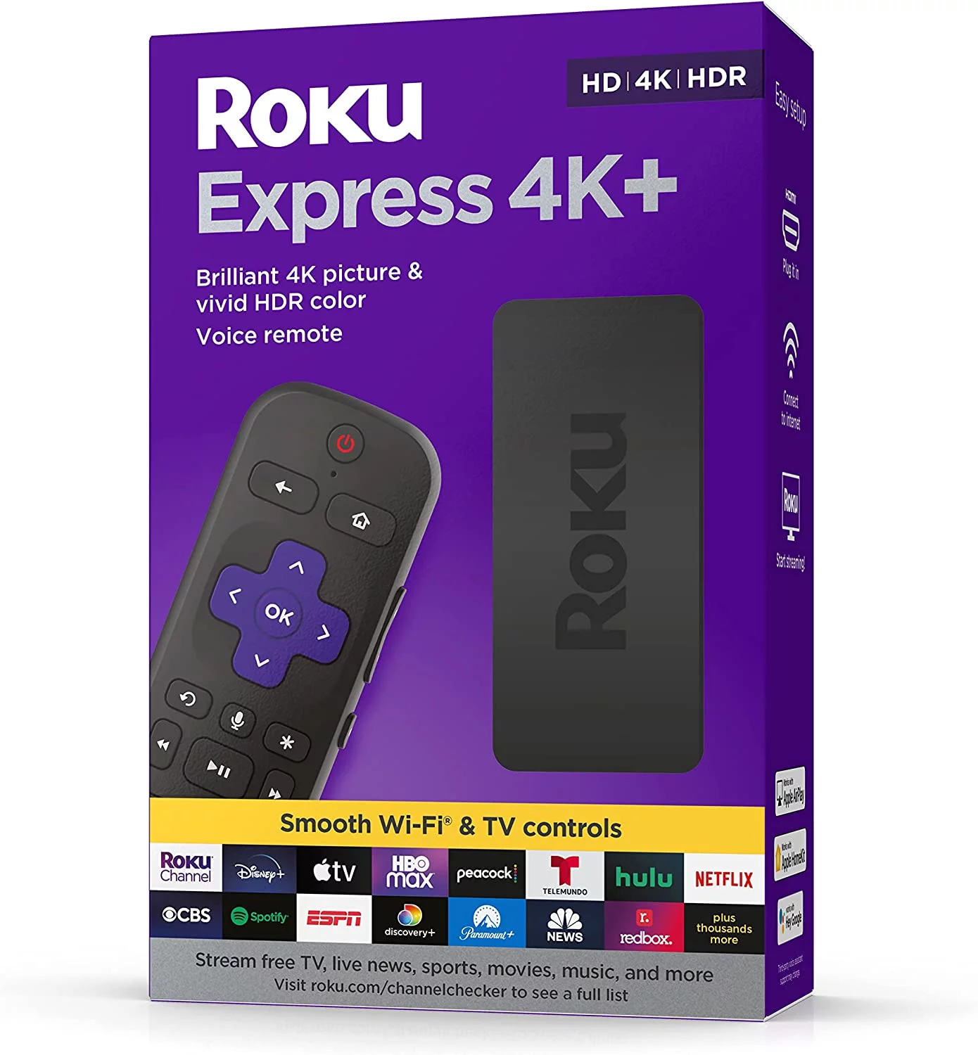 Roku Express 4K+ 2021, Streaming Media Player HD/4K/HDR with Smooth Wireless Streaming and Roku Voice Remote with TV Controls, Includes Premium HDMI Cable