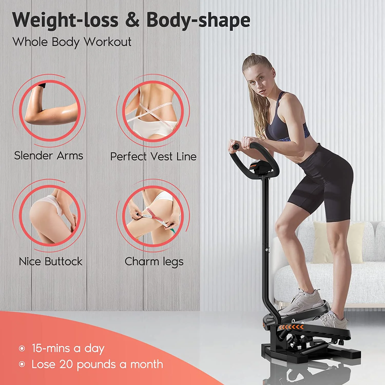 UPGO Stair Stepper with Resistance Band for Home with LED Monitor, 330lbs Weight Capacity with handlebar