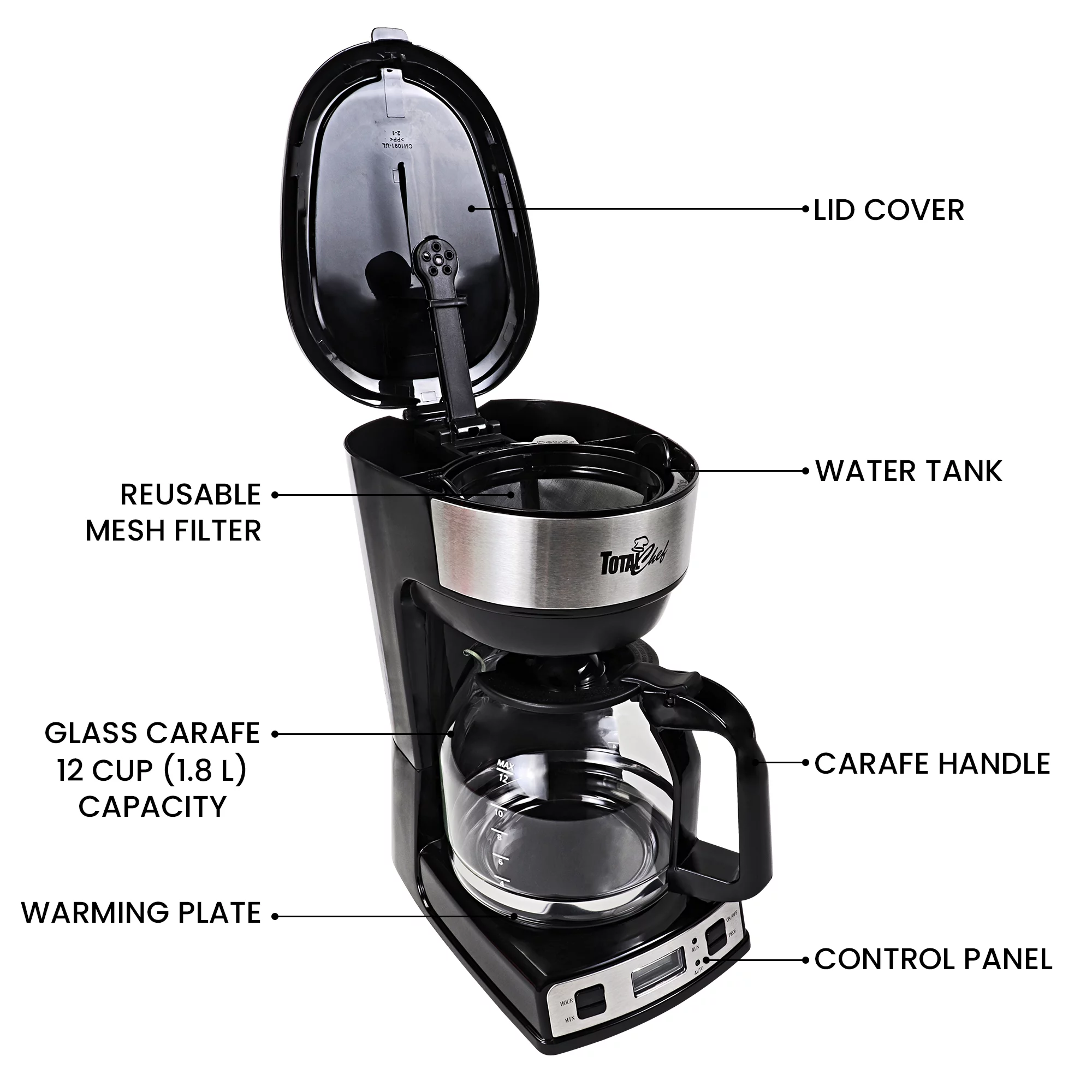 Total Chef 12 Cup Coffee Maker with Reusable Filter, Programmable Coffee Machine Black