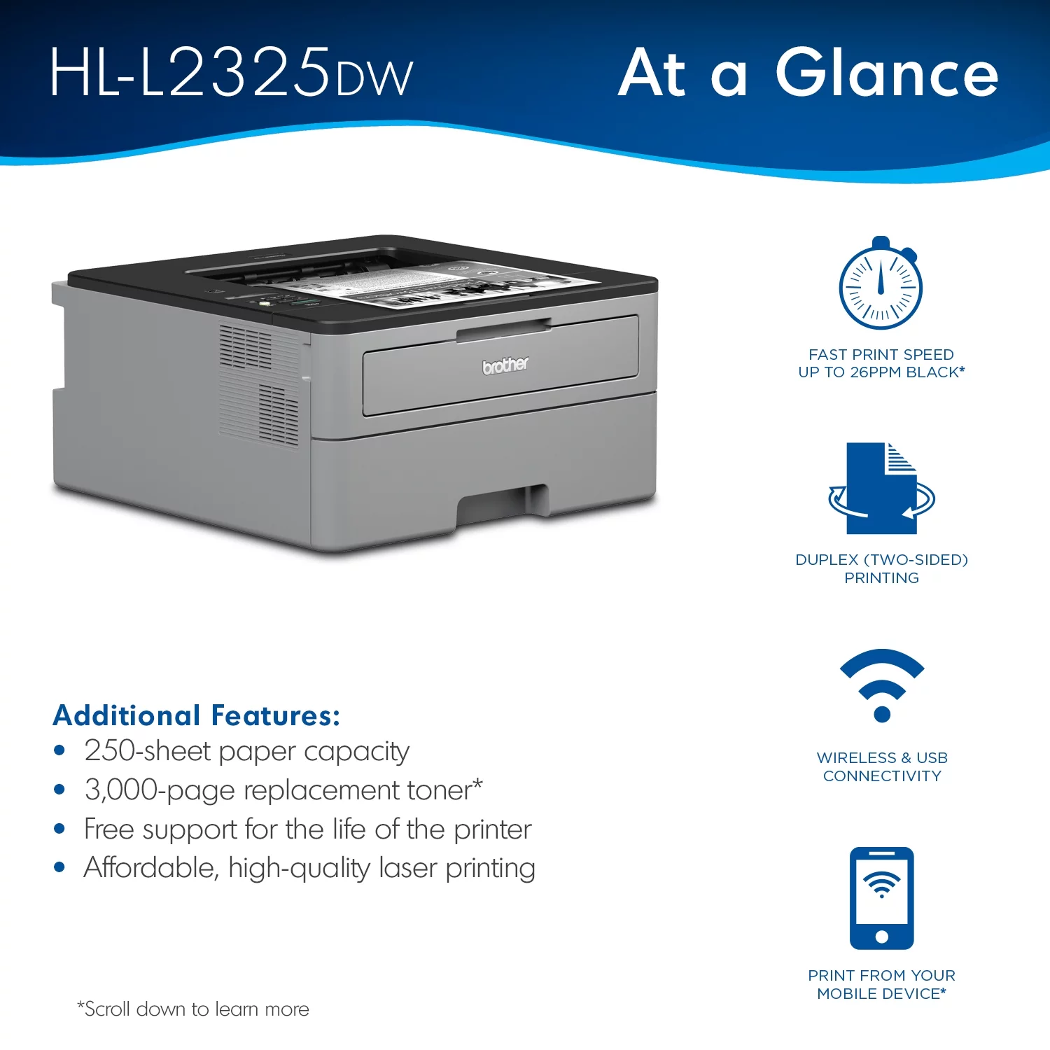 Brother HL-L2325DW Monochrome Laser Printer, Wireless Networking, Duplex Printing