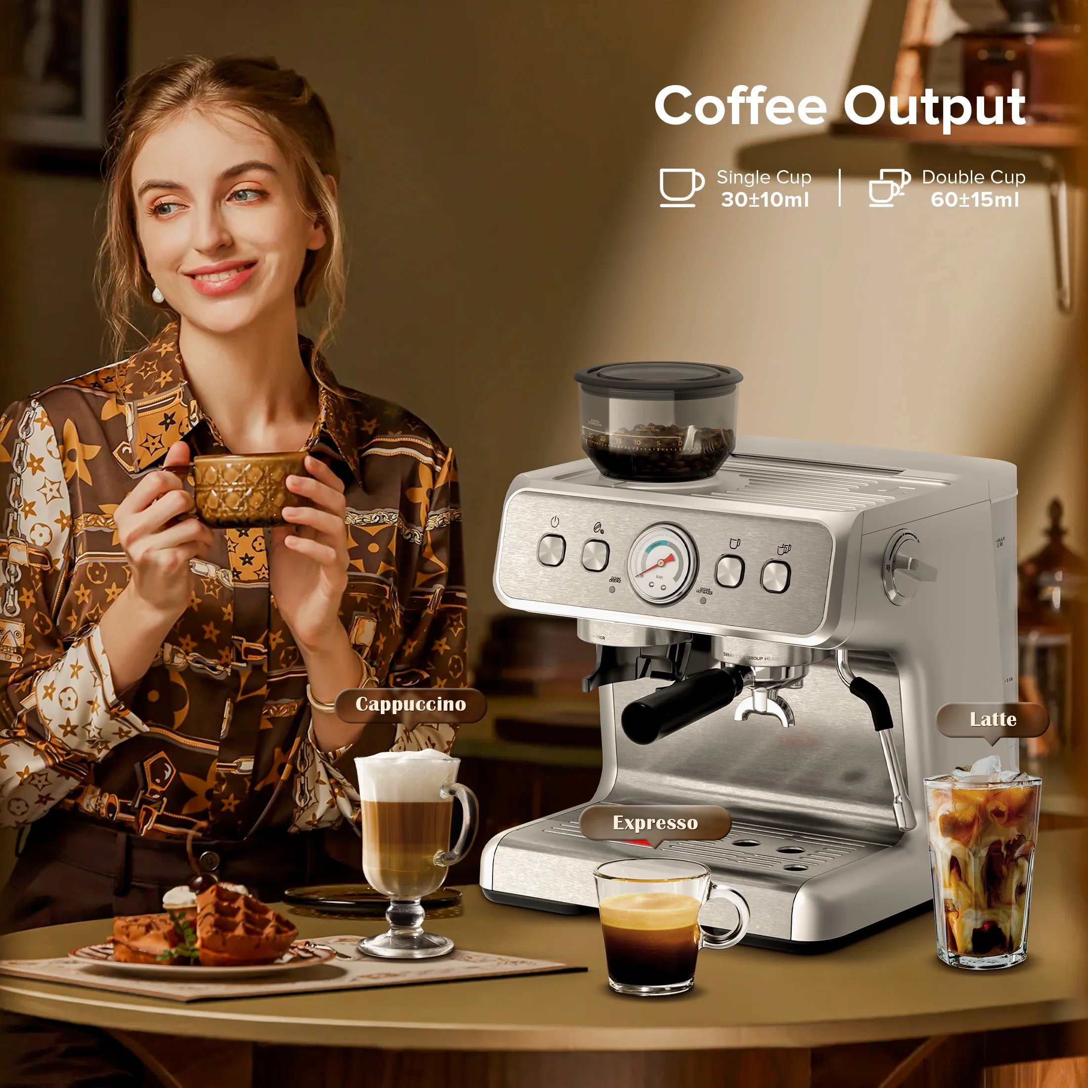 Auseo Semi-Automatic CoffeeMaker with 2.8L Water Tank , 1&2 Cups, Espresso/Cappuccino/Latte/Mocha for  Company/Cafe/Home