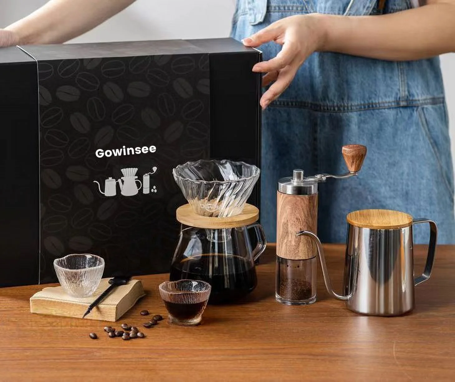 Gowinsee Pour Over Coffee Maker 7pcs Gift Set Includes  Manual Coffee Grinder, 600ML Pour Over Kettle, Coffee Dripper, 2 Tasting Cup, Coffee Filters Paper (Gift Box)