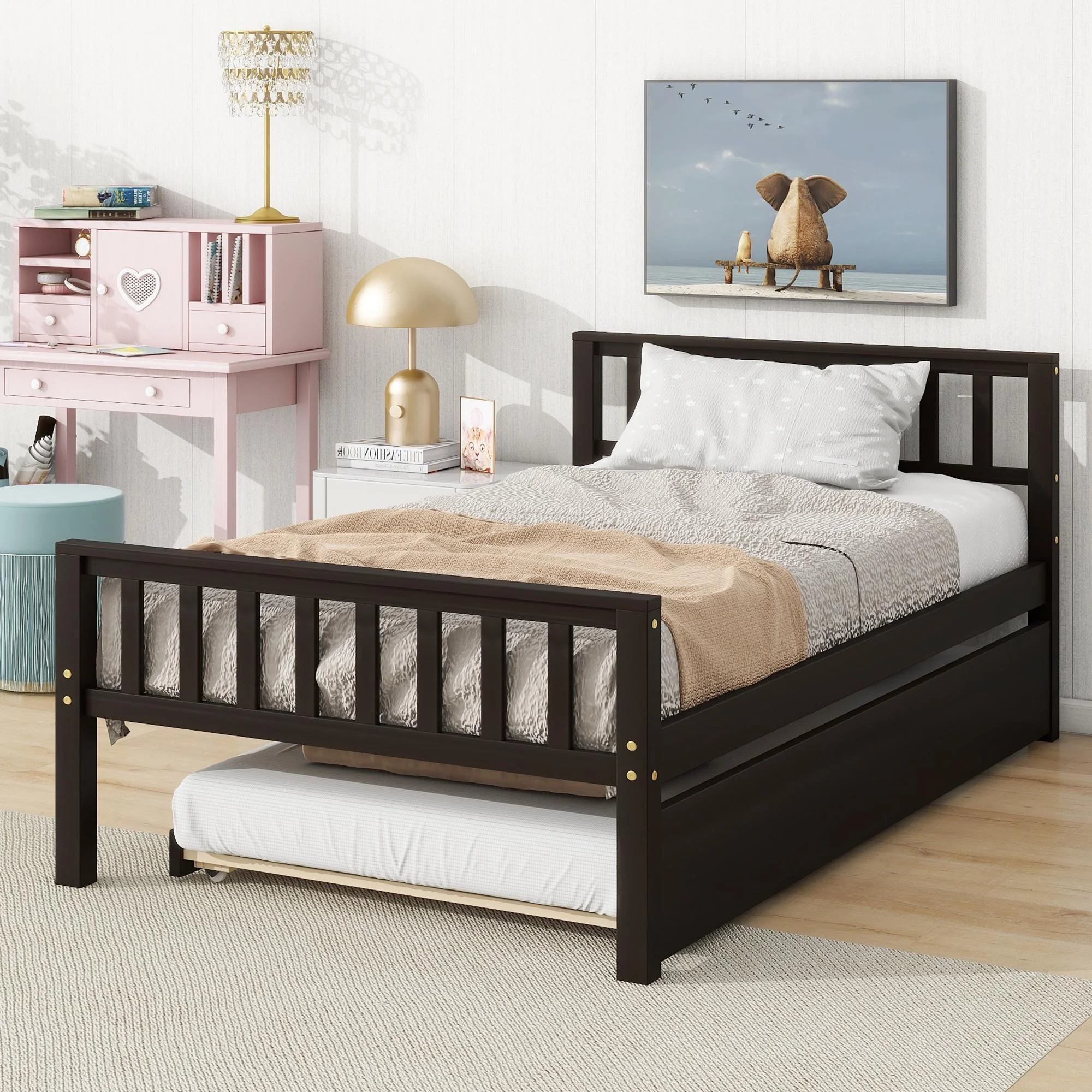 Paproos Twin Size Wood Platform Bed with Trundle, Twin Bed Frame with Headboard and Footboard, Modern Daybed for Kids Teens Adults, No Box Spring Needed, Gray