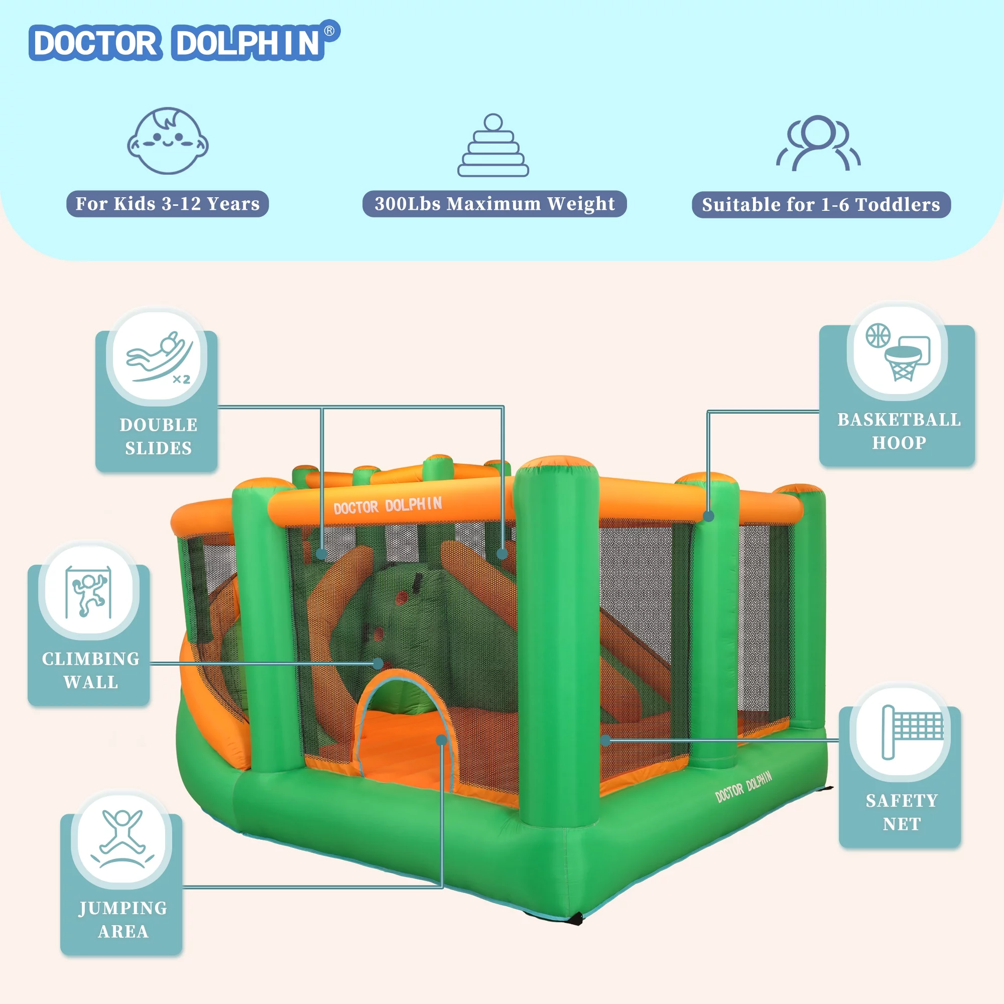 Doctor Dolphin Inflatable Bounce House, Bouncy Castle Bouncer Playhouse with Double Slide,Spacious Jumping Area,Air Blower for Toddlers and Kids