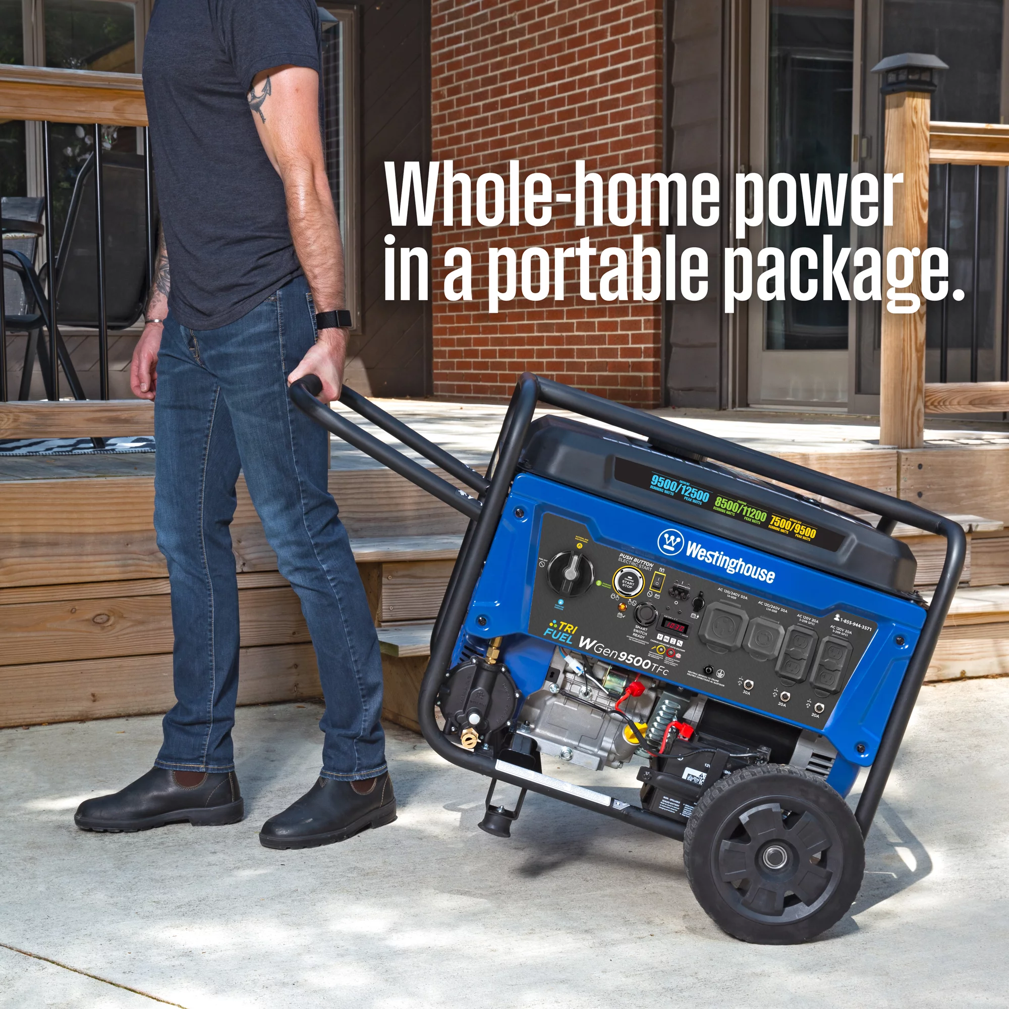 Westinghouse 12,500 Peak Watt Dual Fuel Portable Generator, Gas/Propane, Transfer Switch Ready, CO Sensor